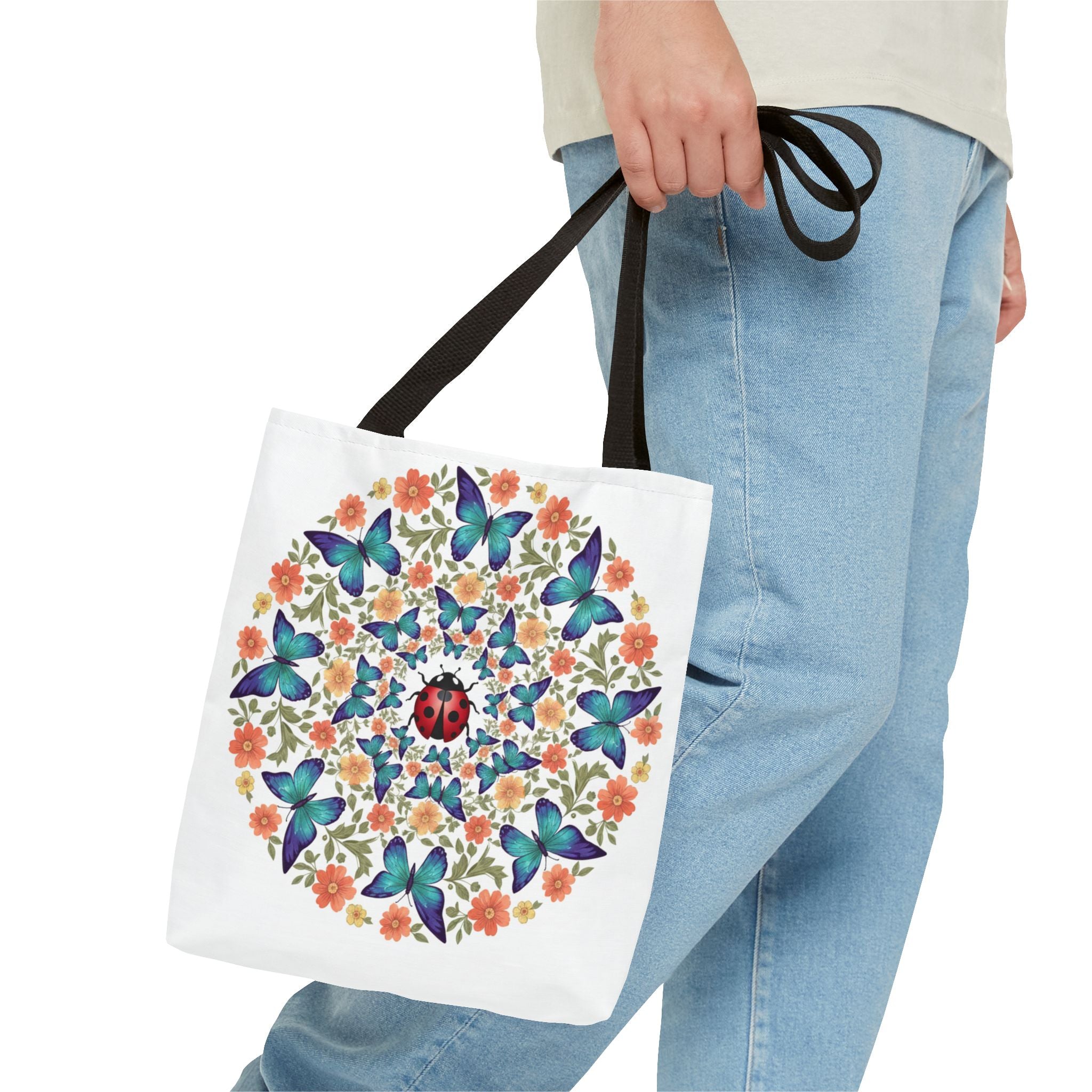 Butterfly & Ladybug Floral Tote Bag – Boho Mandala AOP Beach & Market Bag