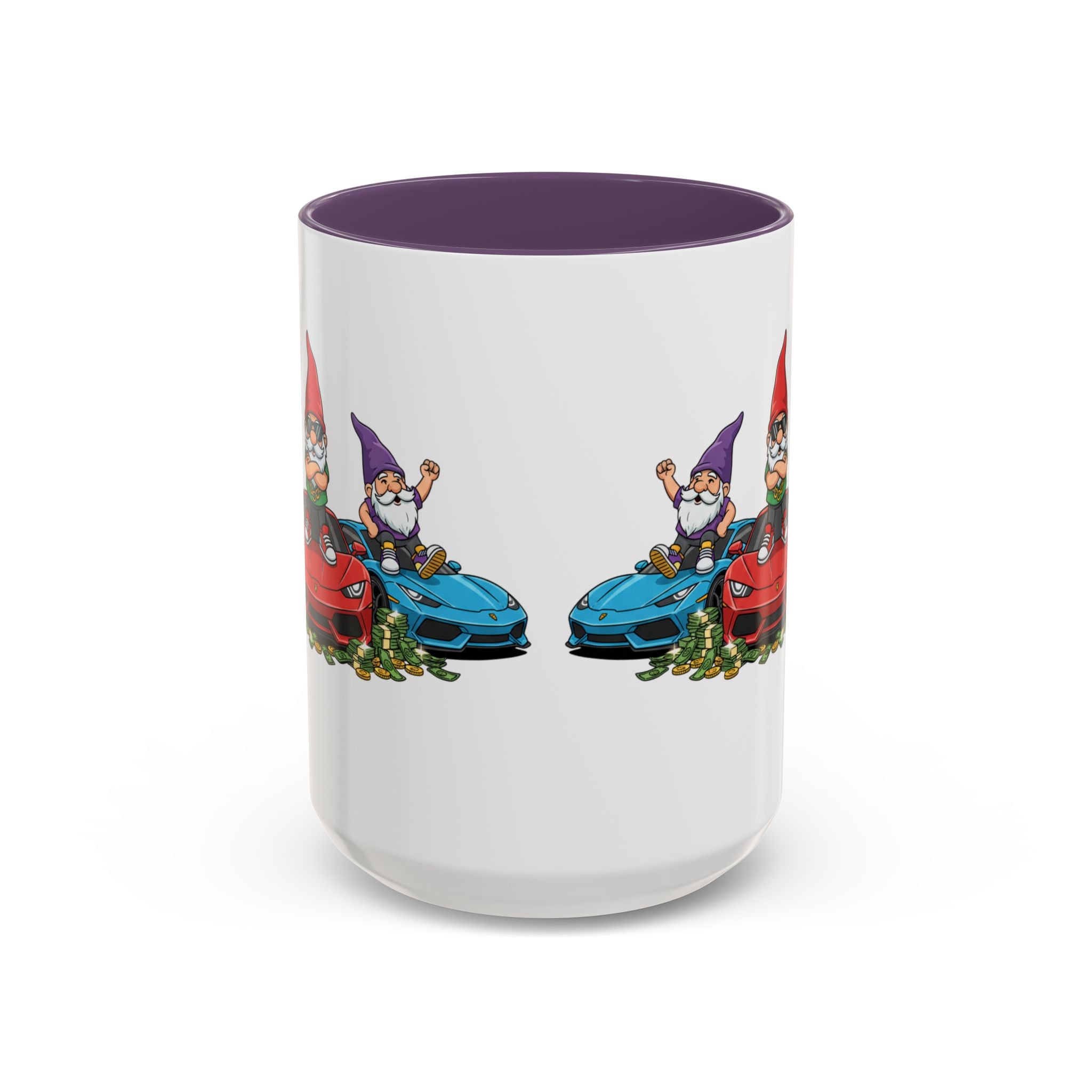 Gnome Car Crew Accent Coffee Mug — Racing Gnomes with Sports Cars (11/15oz)
