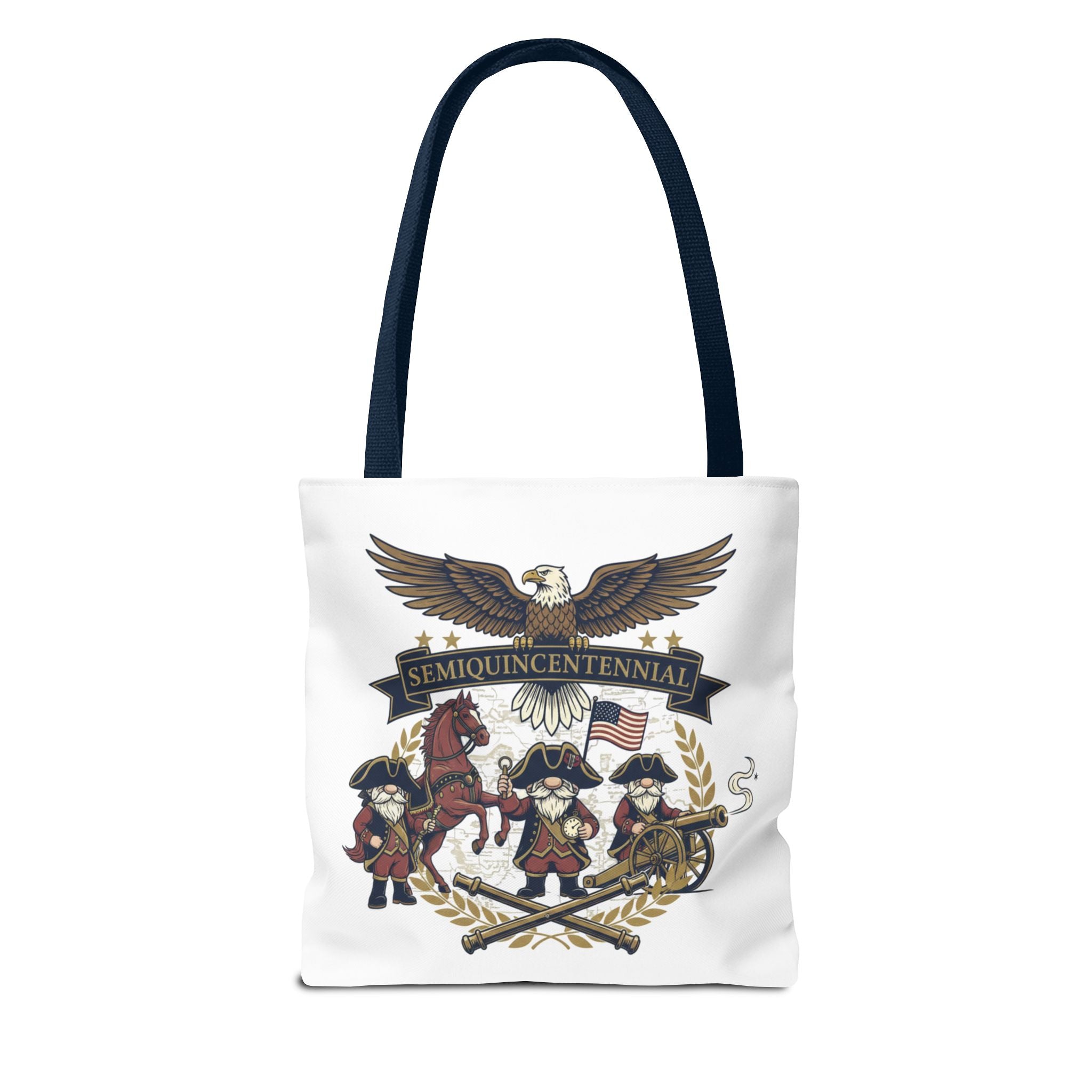 Semiquincentennial Patriotic Tote Bag — Eagle, Colonial Soldiers & Flags All-Over Print