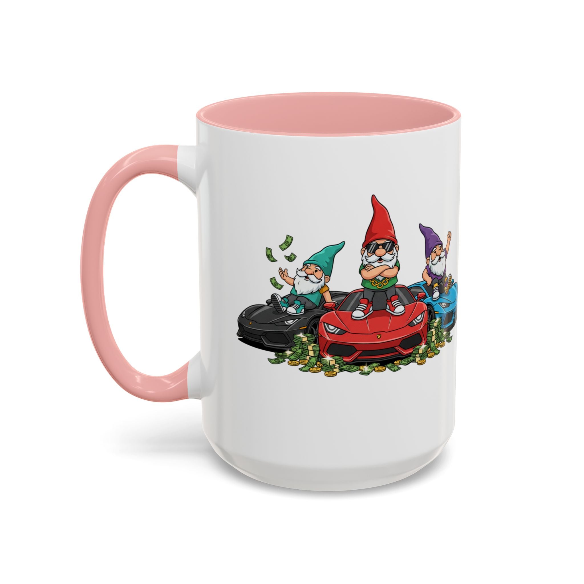 Gnome Car Crew Accent Coffee Mug — Racing Gnomes with Sports Cars (11/15oz)