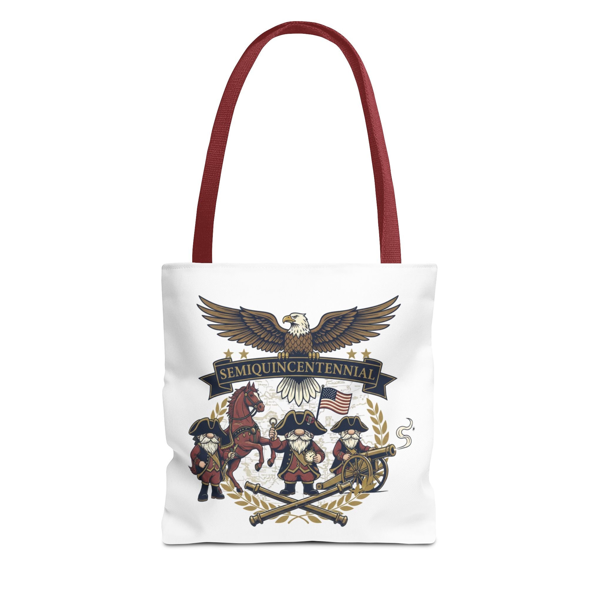 Semiquincentennial Patriotic Tote Bag — Eagle, Colonial Soldiers & Flags All-Over Print