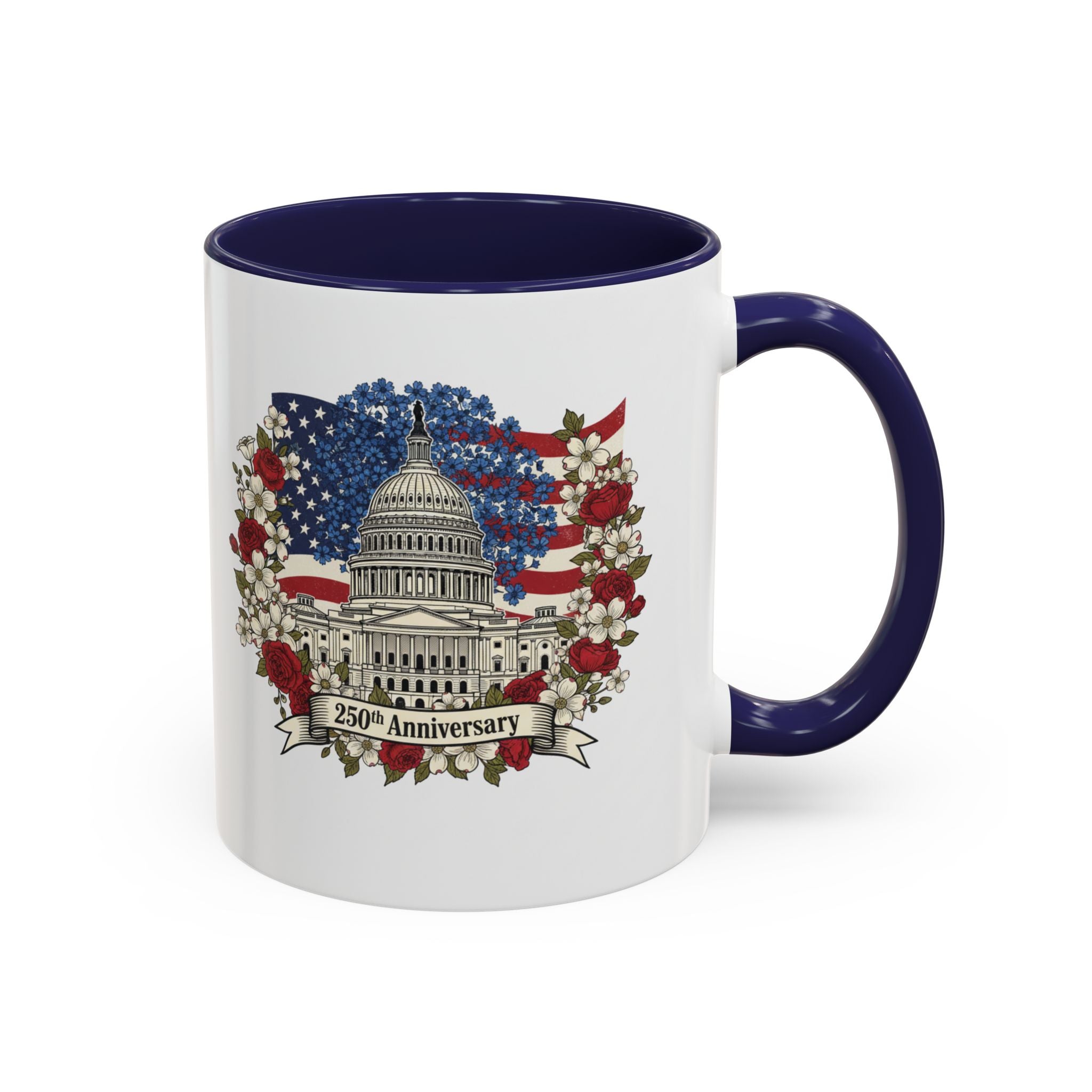 Capitol 250th Anniversary Accent Coffee Mug – Patriotic American Flag Floral Design (11/15oz)