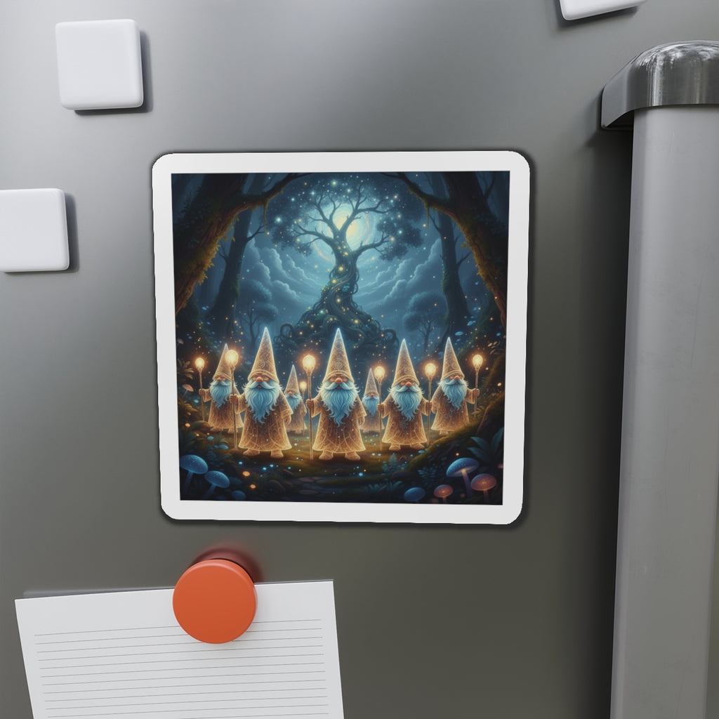 Gnome Lanterns Die-Cut Magnet — Whimsical Forest Nightscape