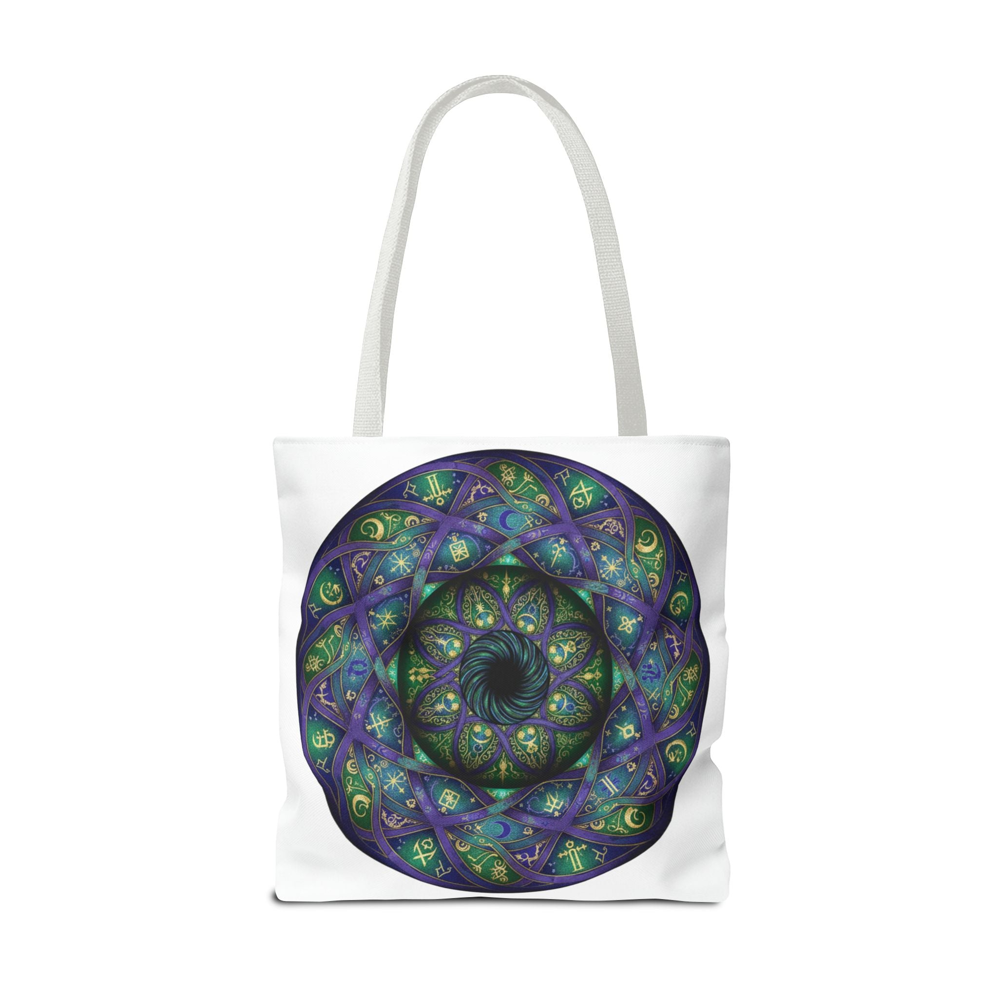 Mystic Mandala Tote Bag — Purple Green Spiral All-Over Print