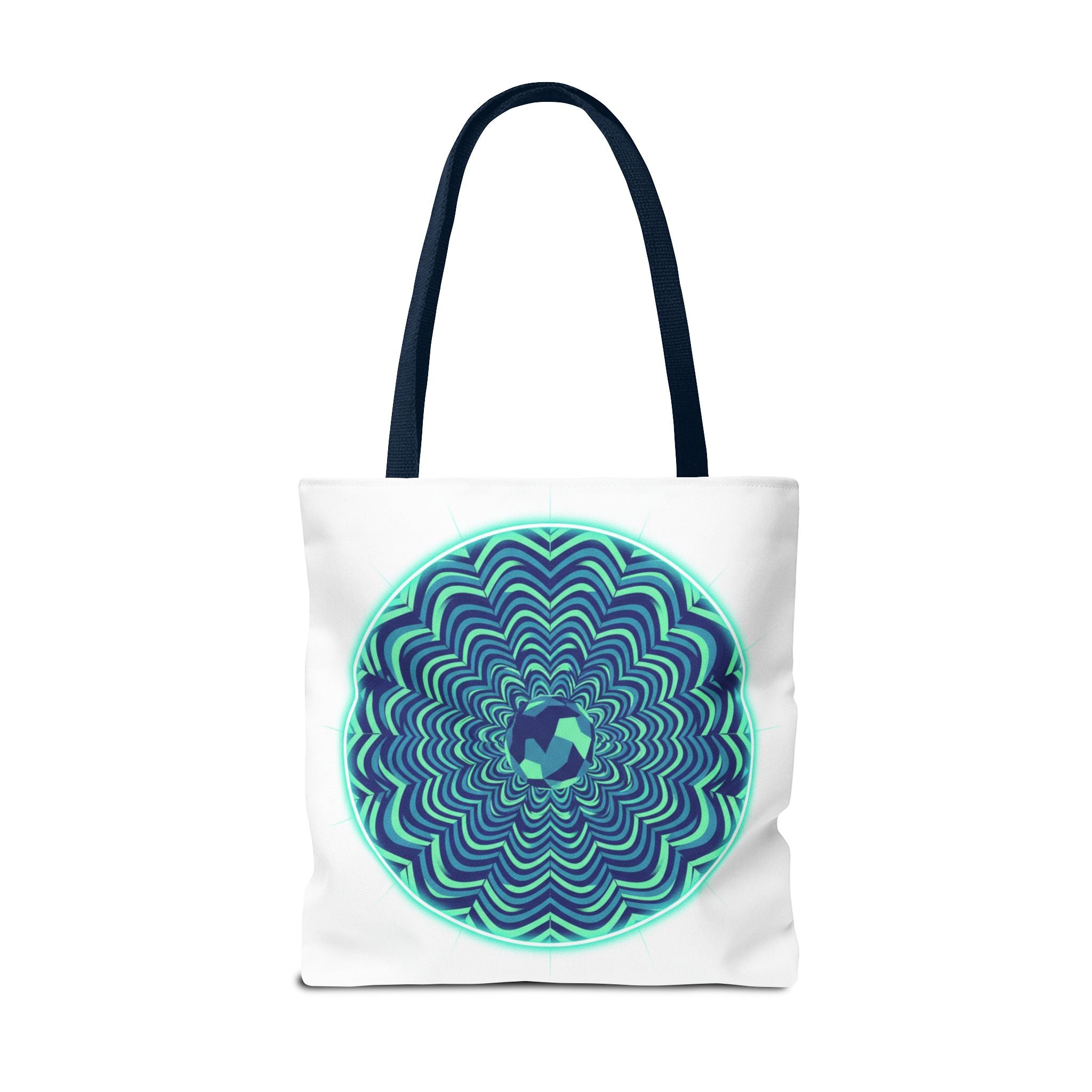 Psychedelic Mandala Tote Bag — Blue Green Optical Art All-Over Print
