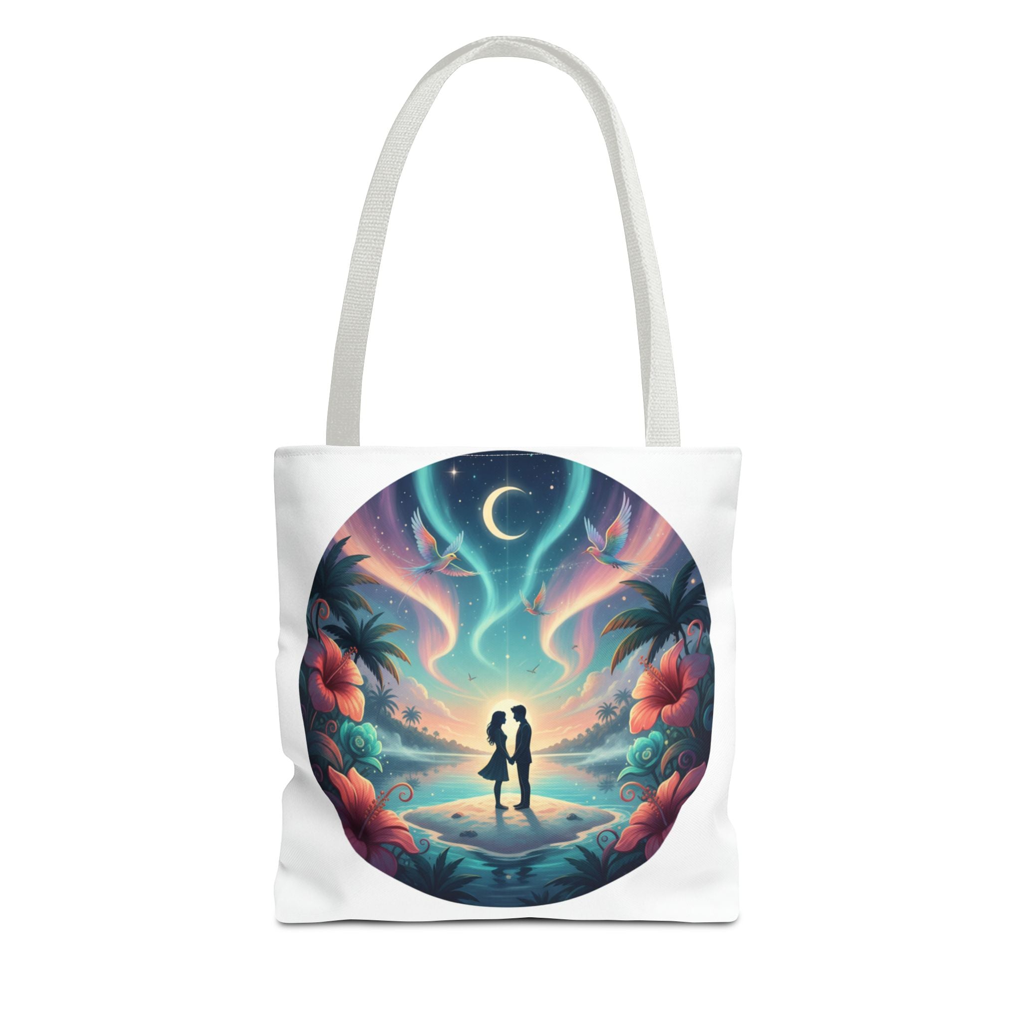 Romantic Moonlit Beach Tote Bag — Couple Silhouette Tropical Night Print