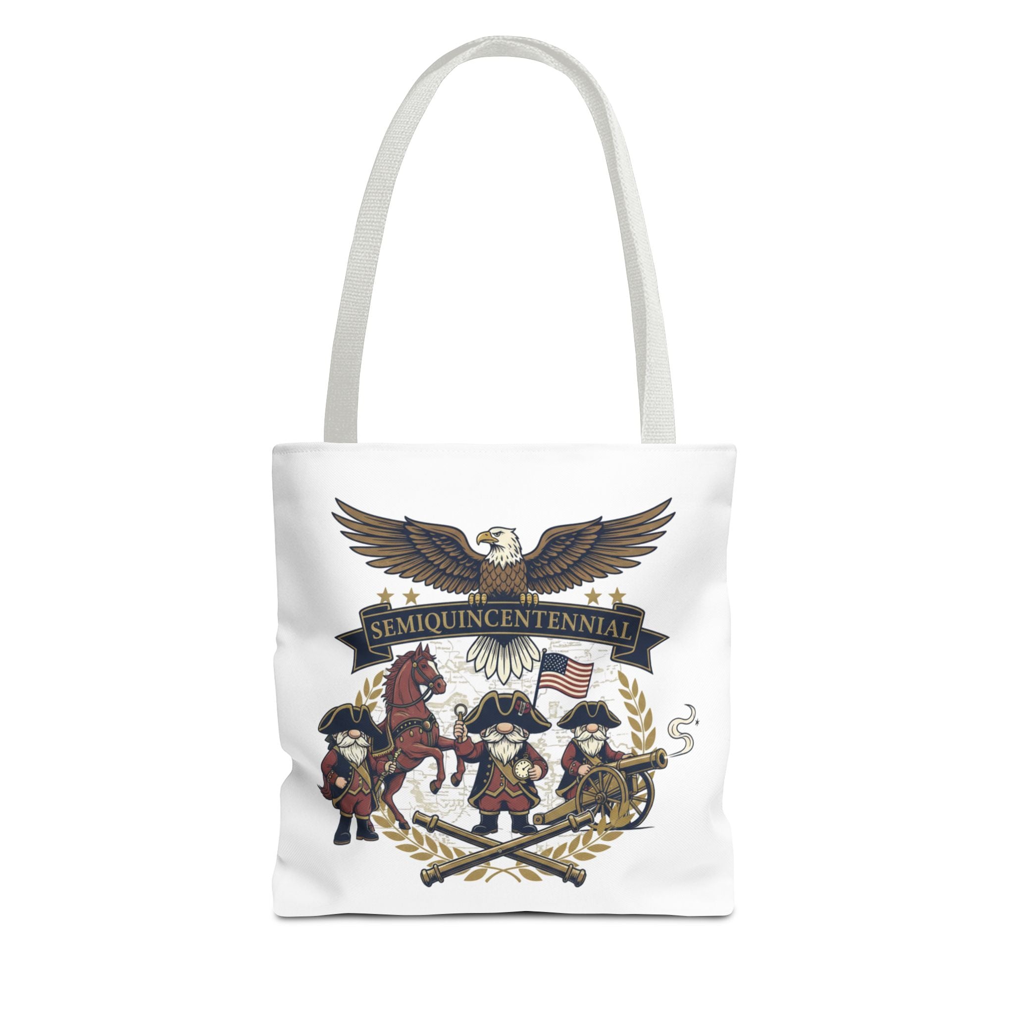 Semiquincentennial Patriotic Tote Bag — Eagle, Colonial Soldiers & Flags All-Over Print
