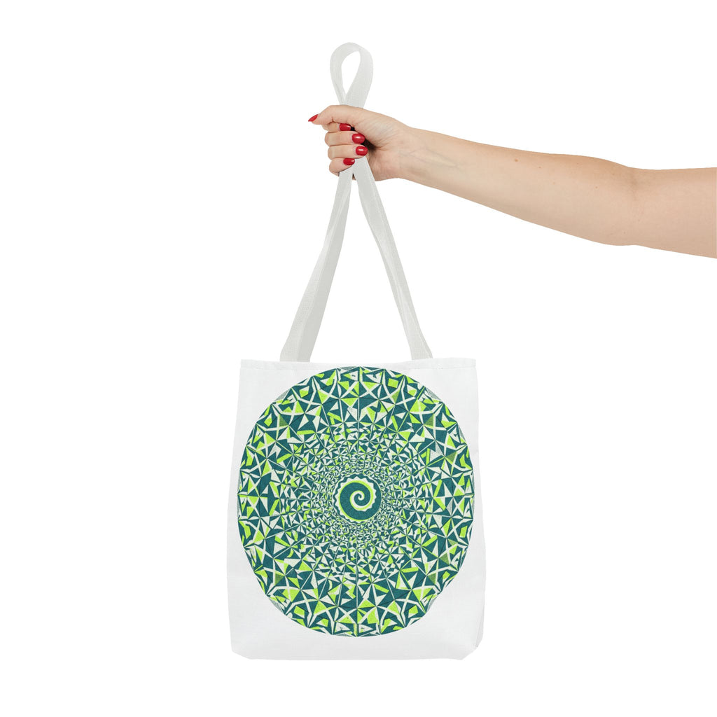 Spiral Mandala Tote Bag — Green Geometric All-Over Print Tote