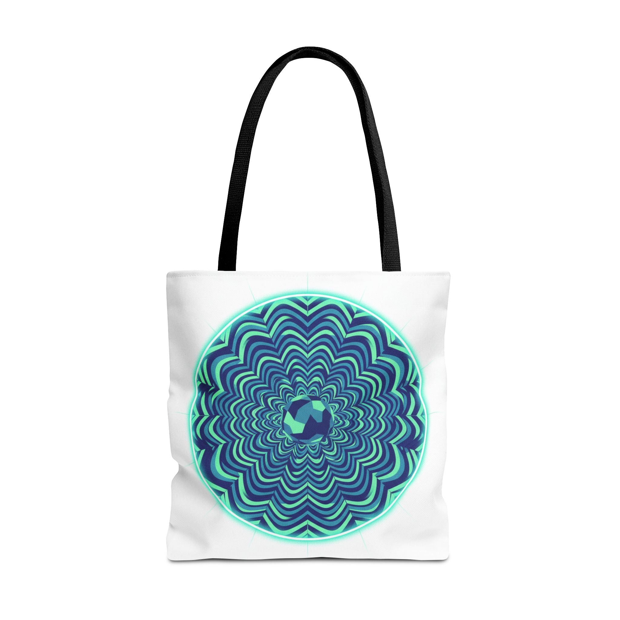 Psychedelic Mandala Tote Bag — Blue Green Optical Art All-Over Print