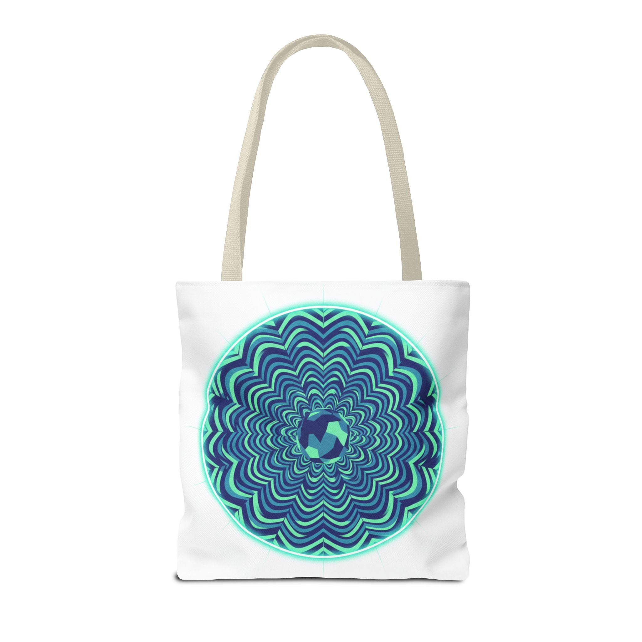 Psychedelic Mandala Tote Bag — Blue Green Optical Art All-Over Print
