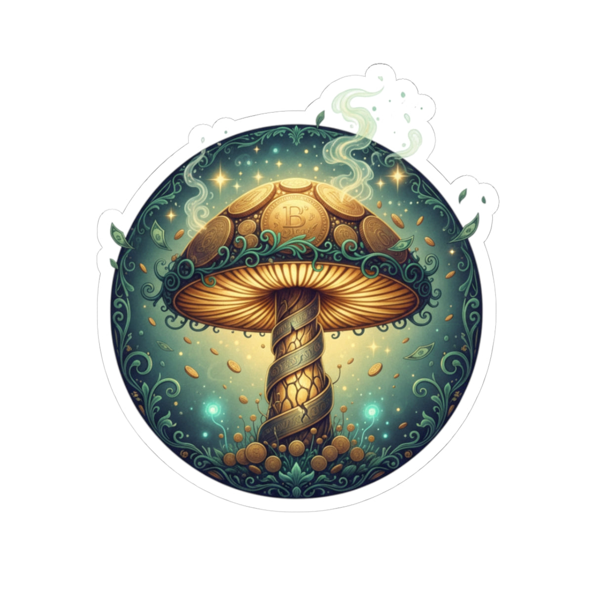 Psychedelic Golden Mushroom Kiss-Cut Sticker — Mystical Forest Laptop Decal