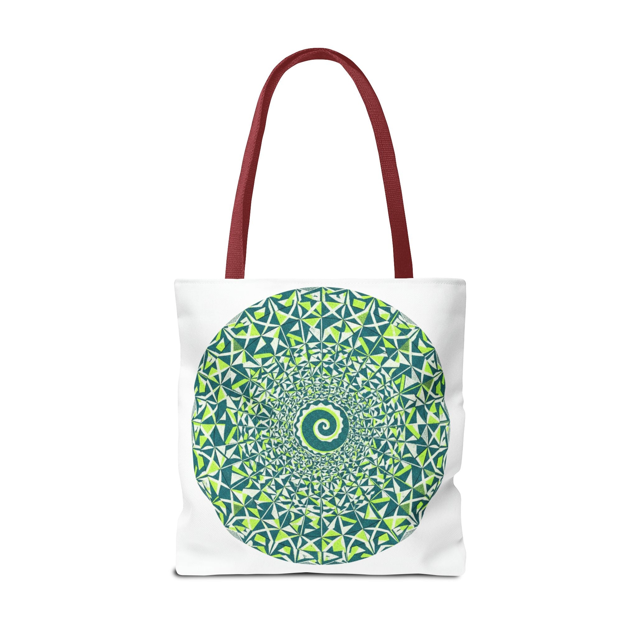 Spiral Mandala Tote Bag — Green Geometric All-Over Print Tote