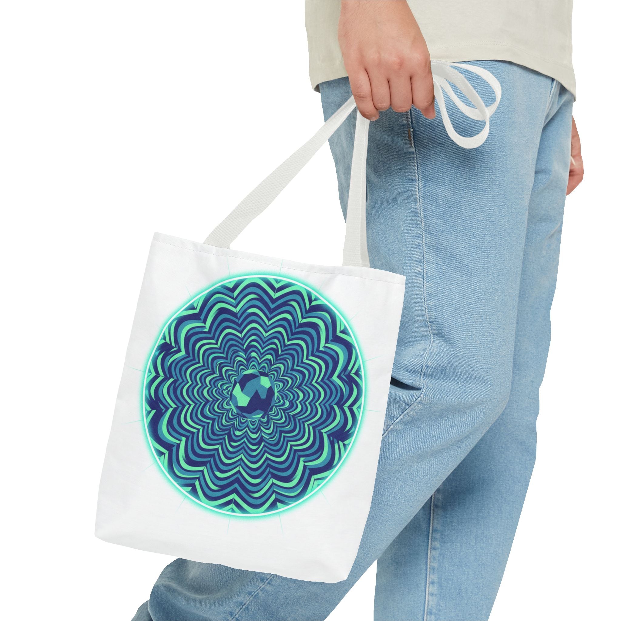 Psychedelic Mandala Tote Bag — Blue Green Optical Art All-Over Print