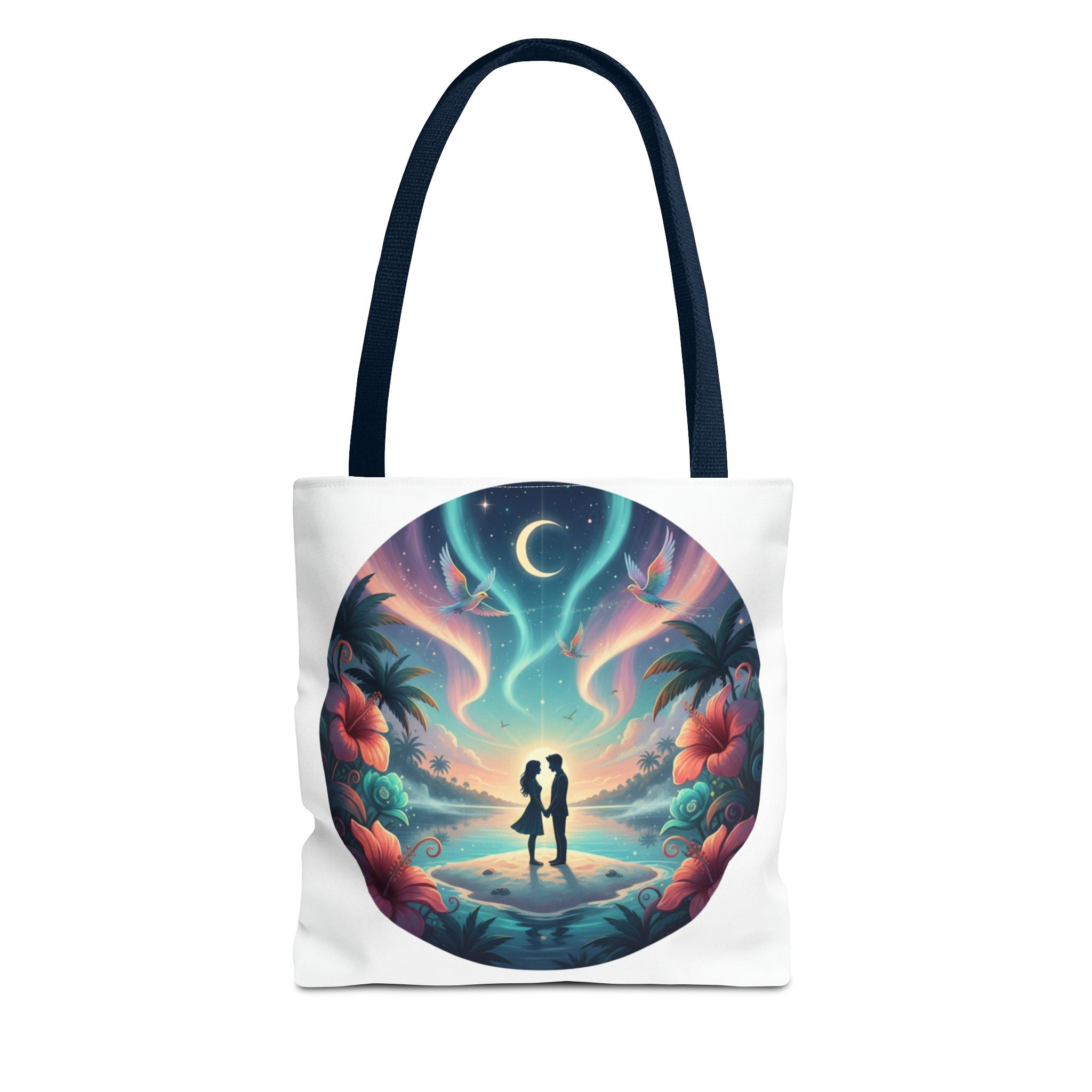 Romantic Moonlit Beach Tote Bag — Couple Silhouette Tropical Night Print