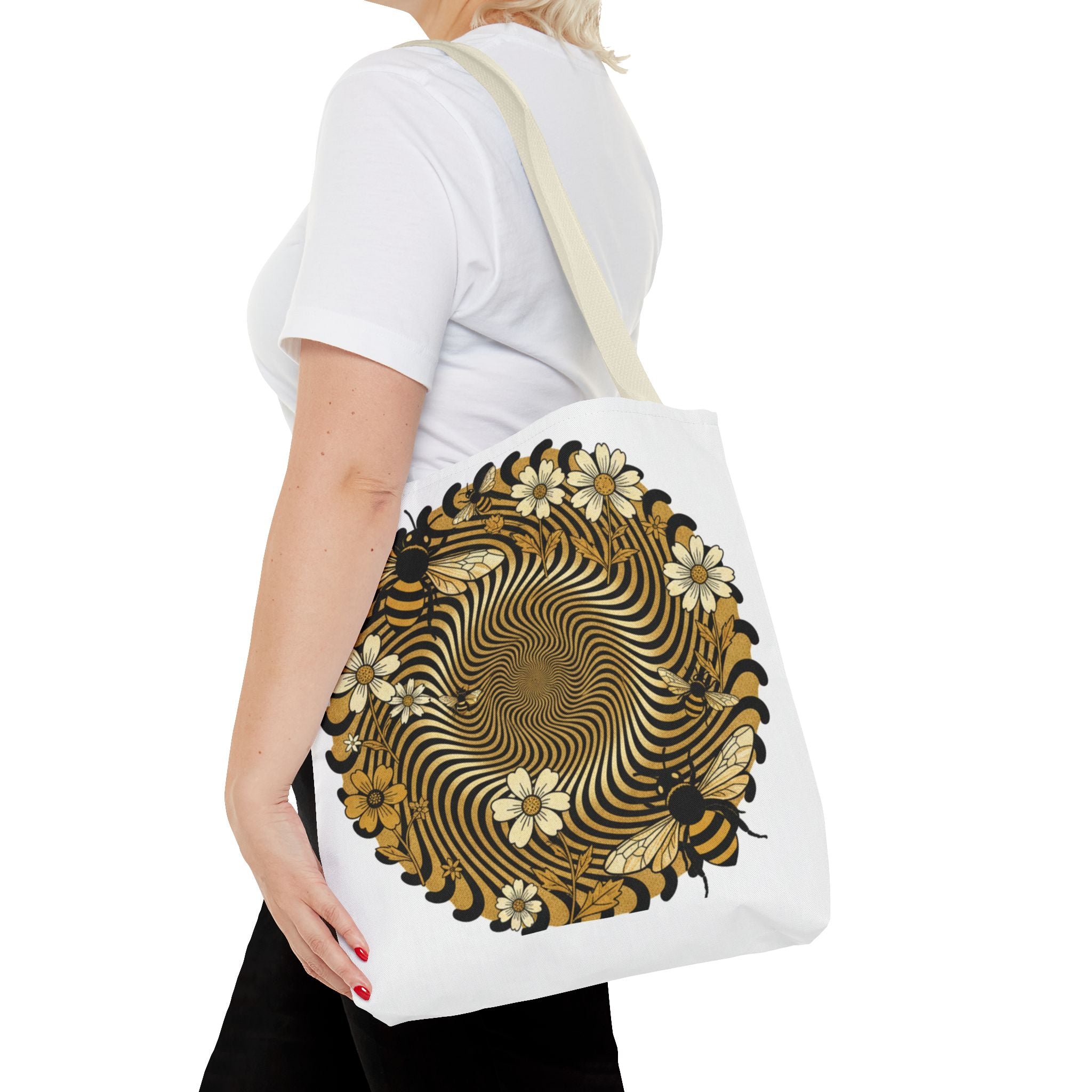 Bee Floral Spiral Tote Bag — Vintage Honeybee Floral Swirl Design