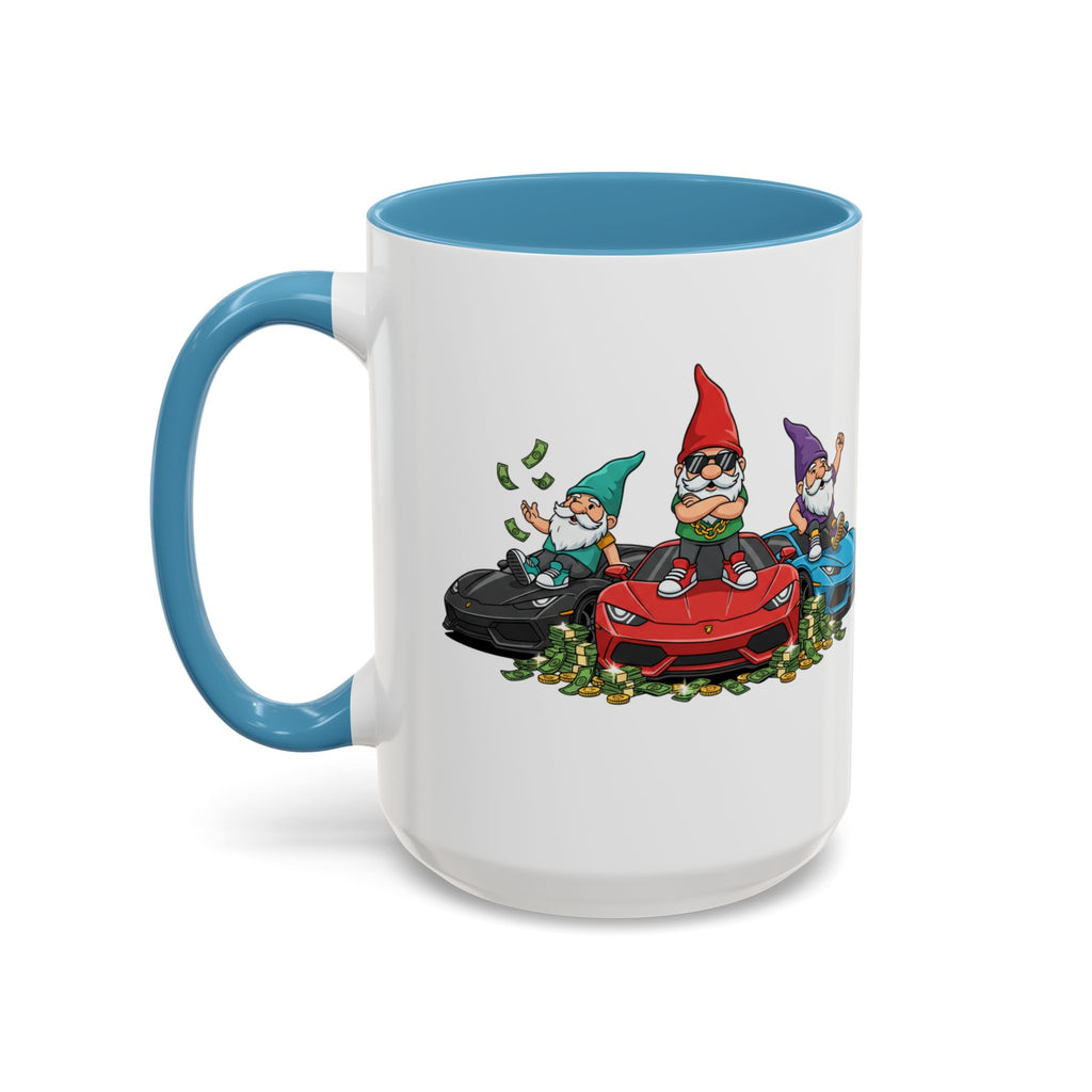 Gnome Car Crew Accent Coffee Mug — Racing Gnomes with Sports Cars (11/15oz)