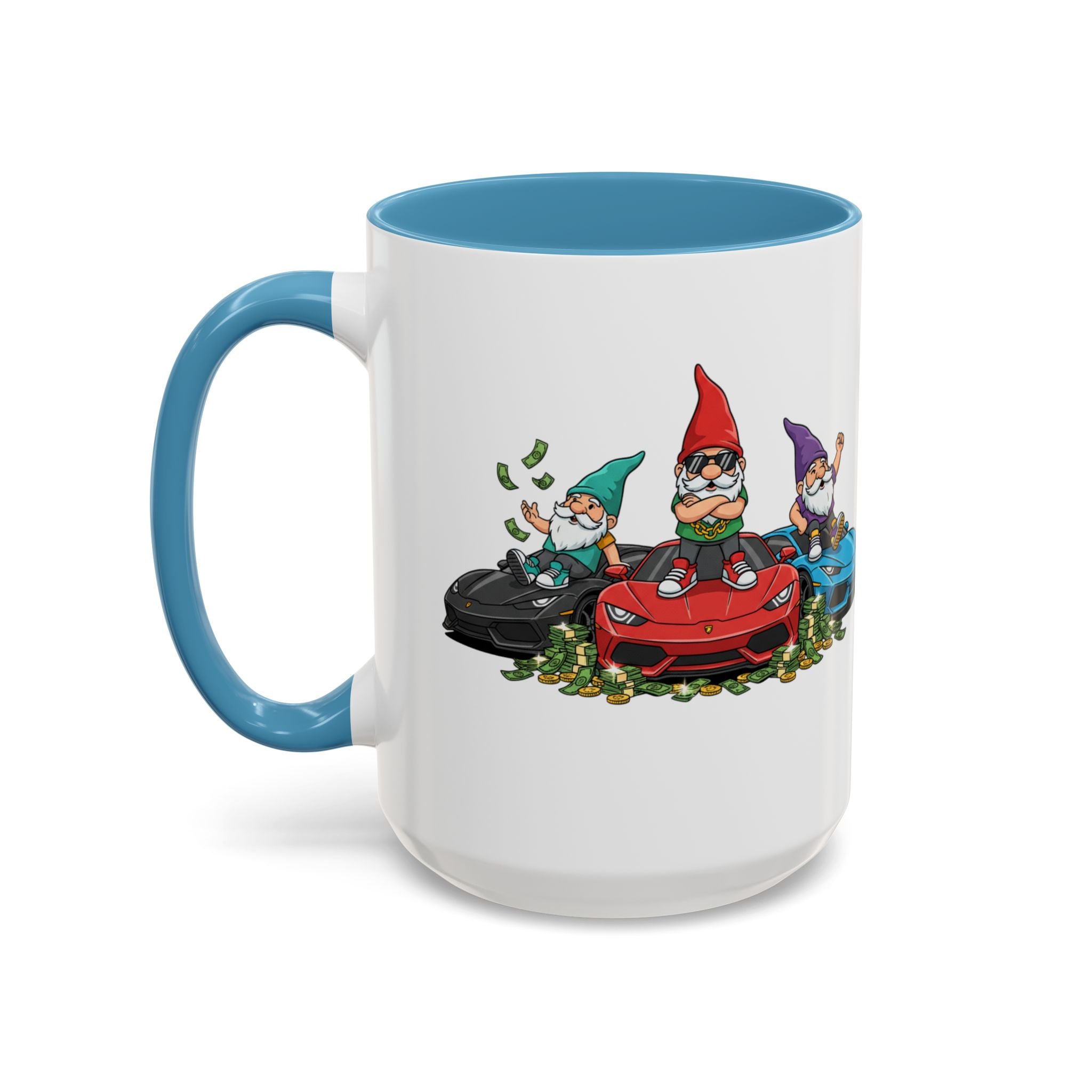 Gnome Car Crew Accent Coffee Mug — Racing Gnomes with Sports Cars (11/15oz)