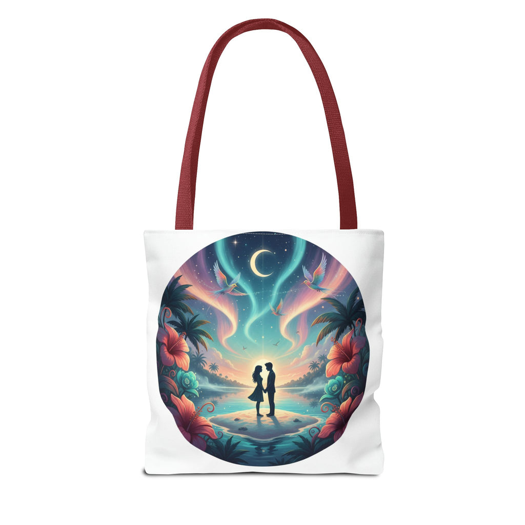 Romantic Moonlit Beach Tote Bag — Couple Silhouette Tropical Night Print