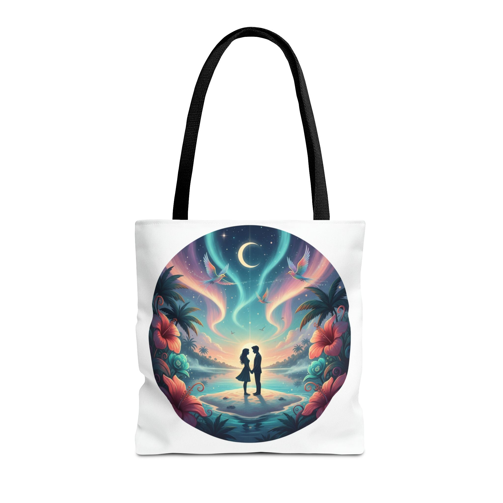 Romantic Moonlit Beach Tote Bag — Couple Silhouette Tropical Night Print