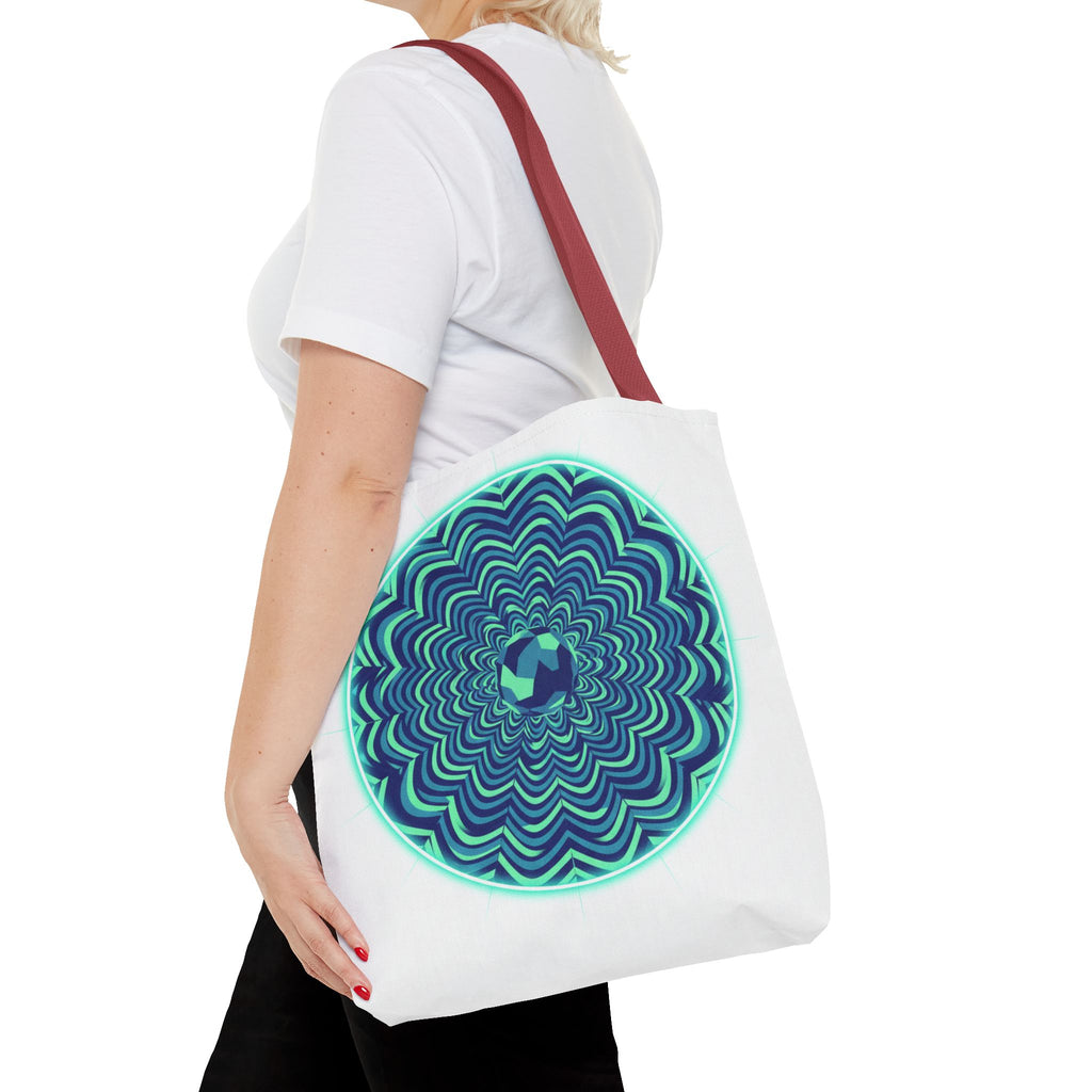 Psychedelic Mandala Tote Bag — Blue Green Optical Art All-Over Print