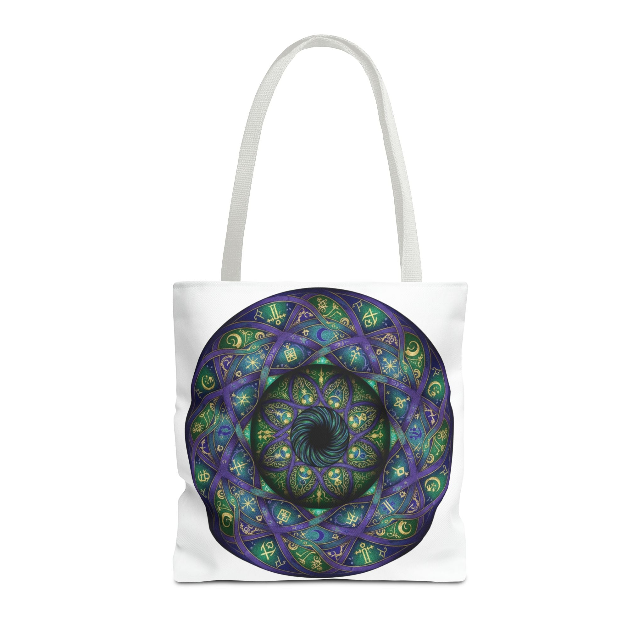 Mystic Mandala Tote Bag — Purple Green Spiral All-Over Print