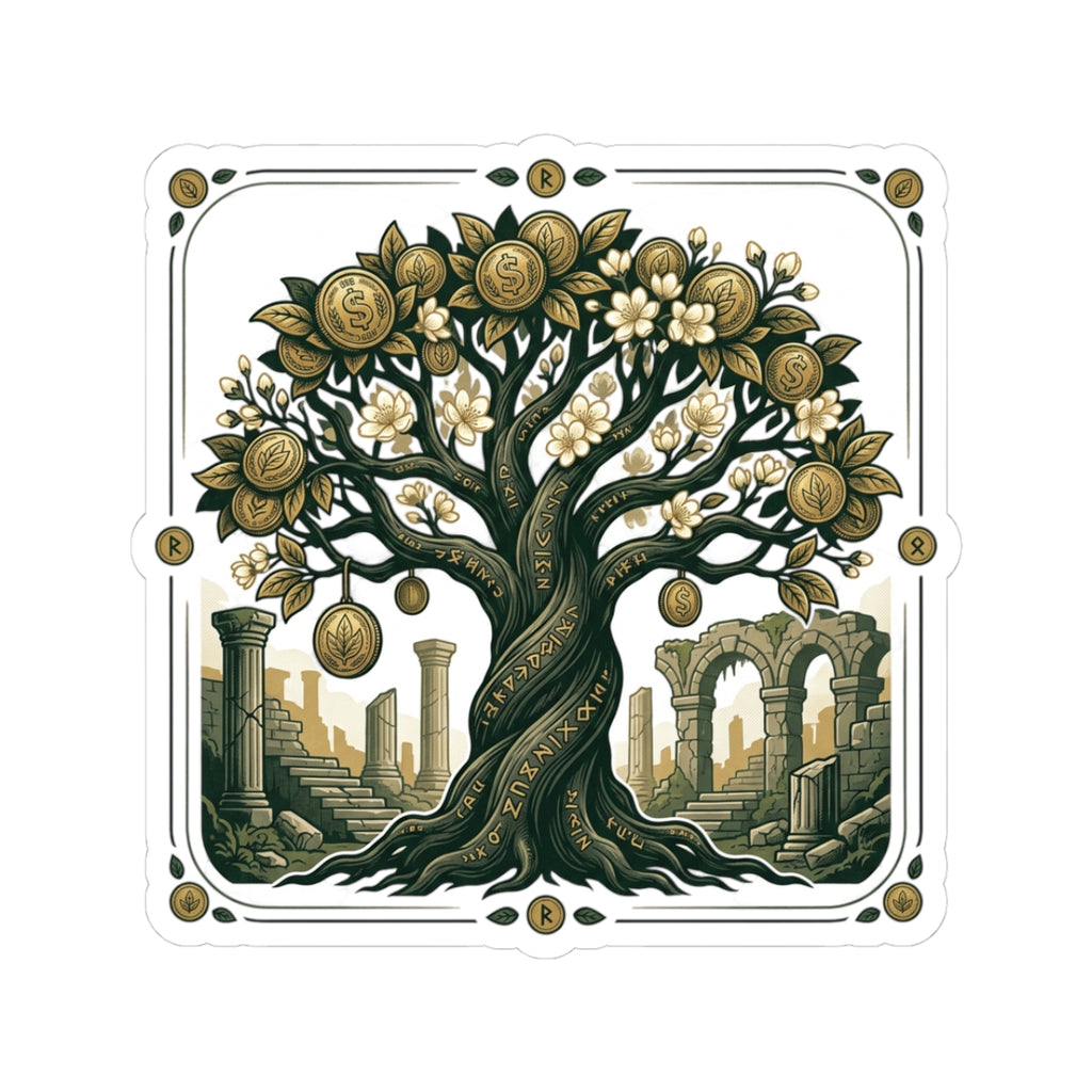 Mythic Money Tree Sticker — Gold Coin Tree Kiss-Cut Sticker for Laptops & Journals