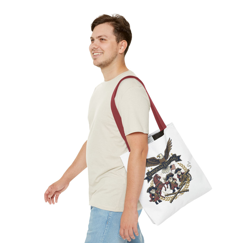 Semiquincentennial Patriotic Tote Bag — Eagle, Colonial Soldiers & Flags All-Over Print