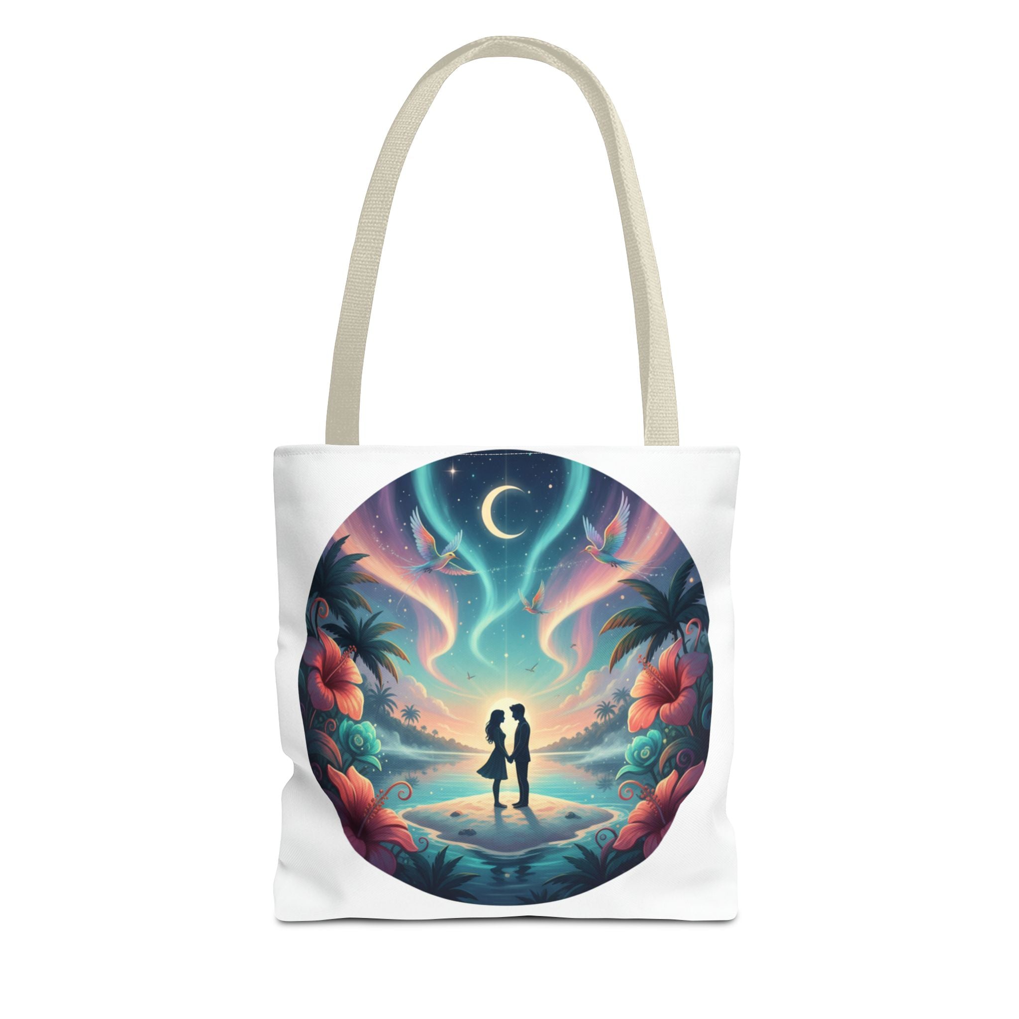 Romantic Moonlit Beach Tote Bag — Couple Silhouette Tropical Night Print