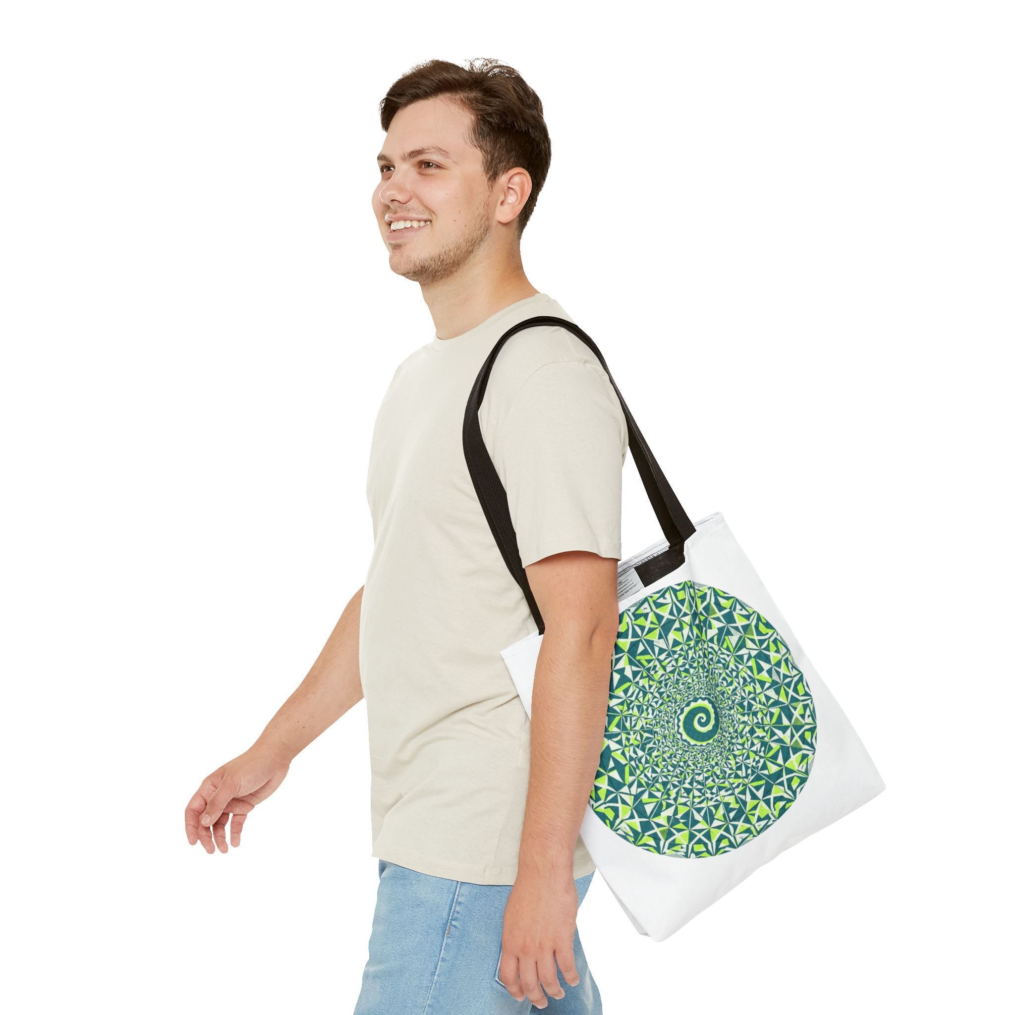 Spiral Mandala Tote Bag — Green Geometric All-Over Print Tote