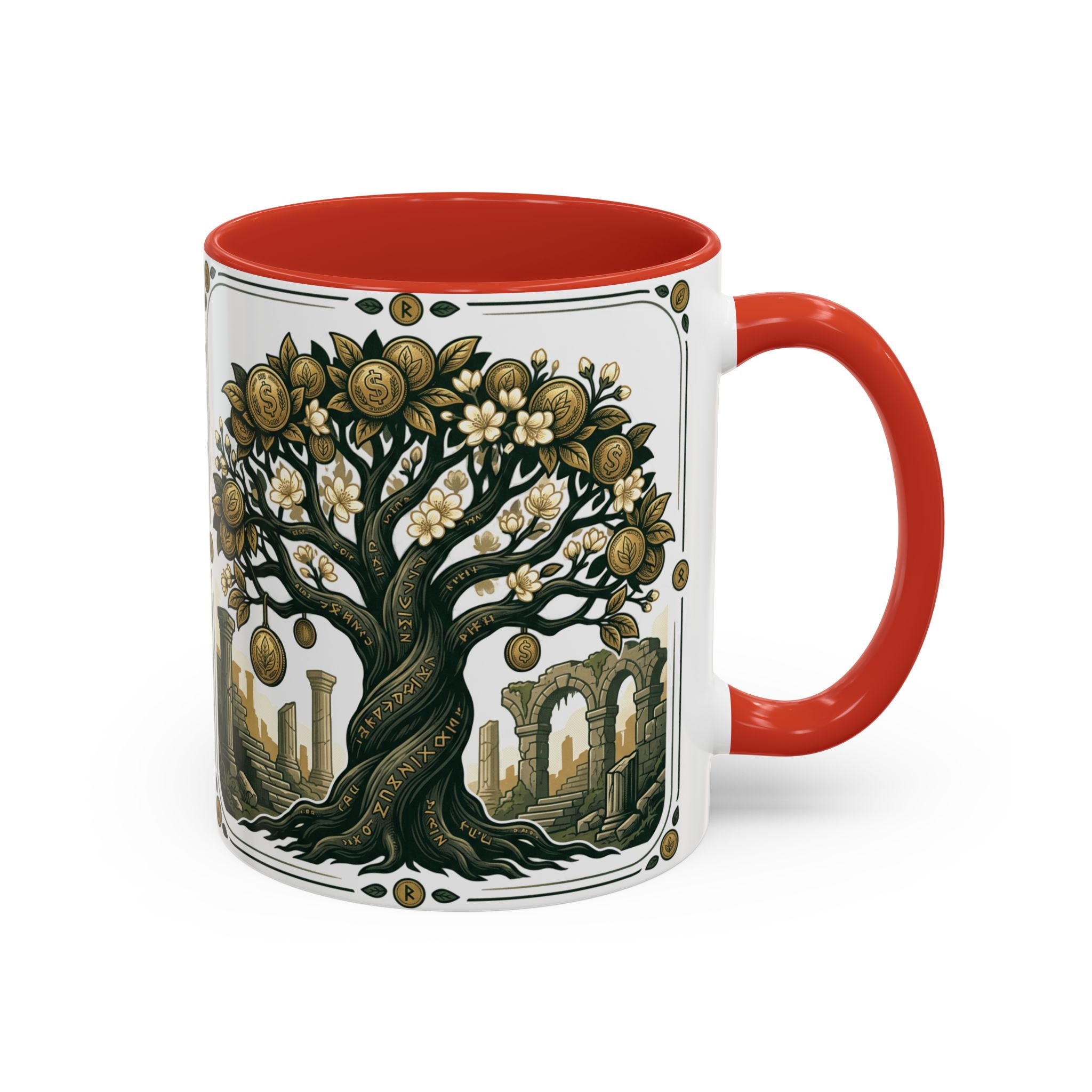 Ornate Tree of Coins Coffee Mug — Gold Ruins Accent Ceramic Mug (11/15oz)
