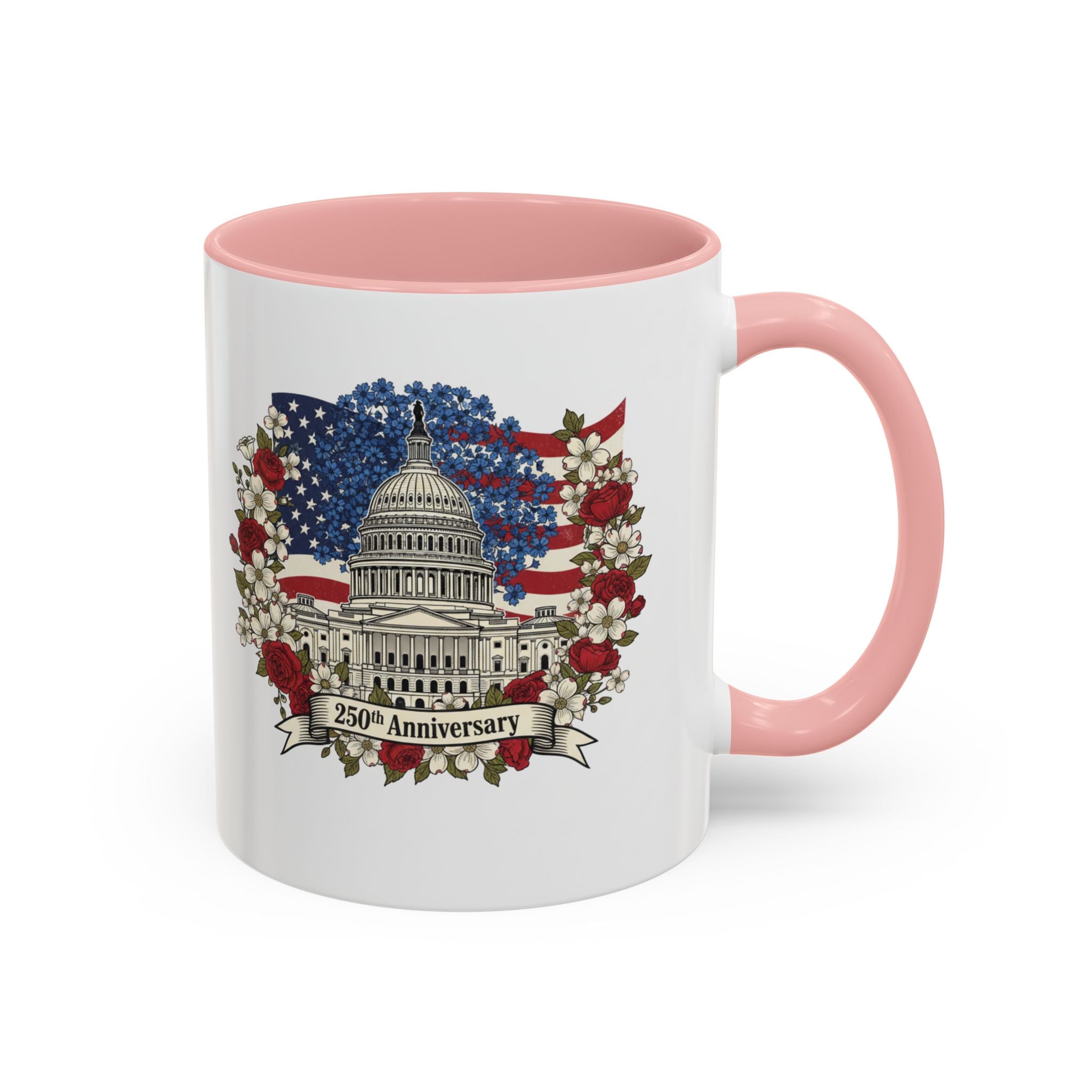 Capitol 250th Anniversary Accent Coffee Mug – Patriotic American Flag Floral Design (11/15oz)