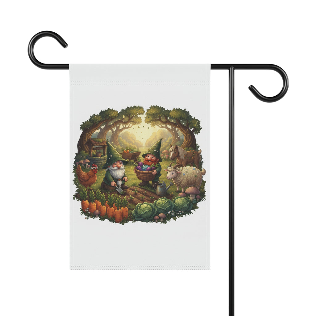 Whimsical Garden Gnomes Garden Flag — Cottage Farm Animals Yard Banner