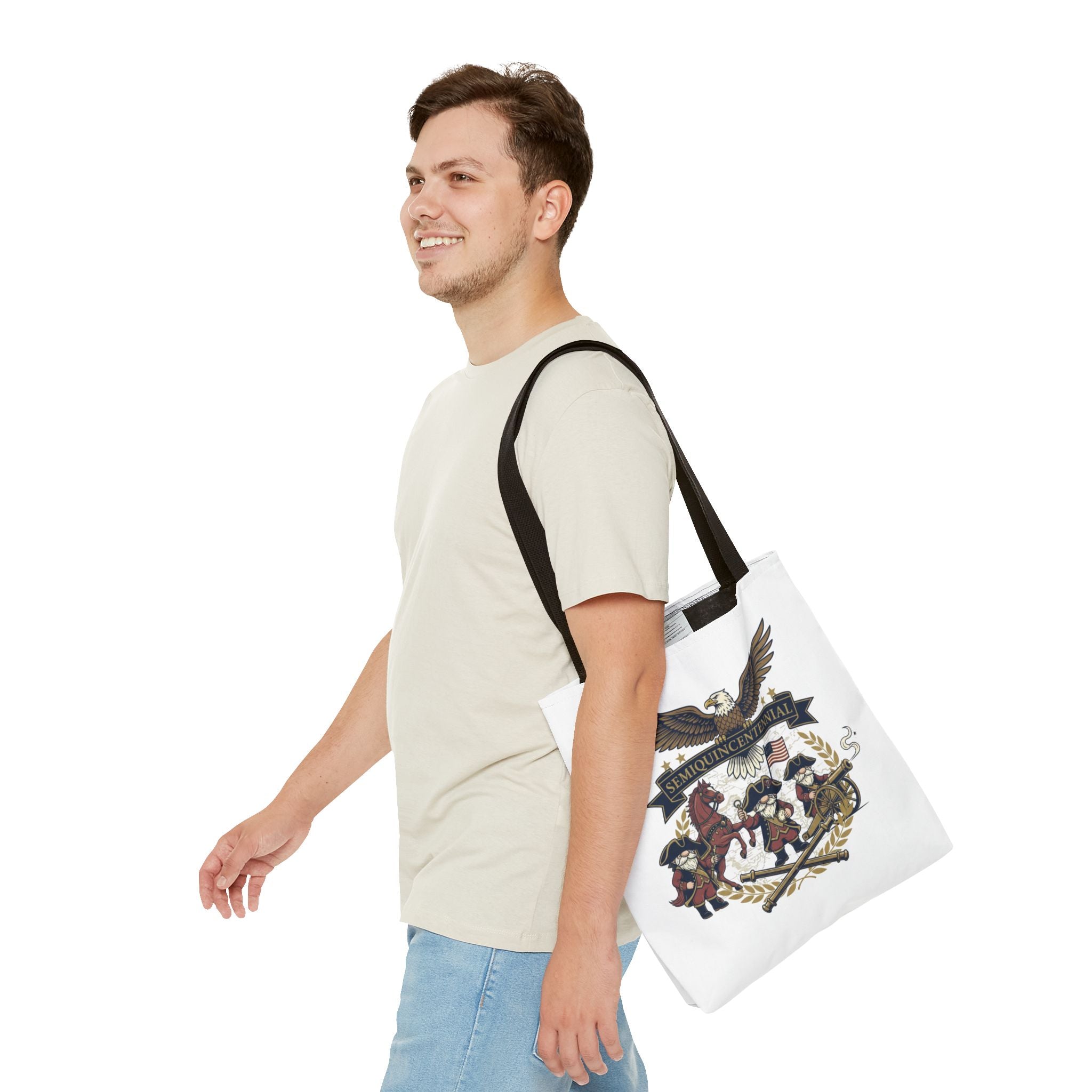 Semiquincentennial Patriotic Tote Bag — Eagle, Colonial Soldiers & Flags All-Over Print