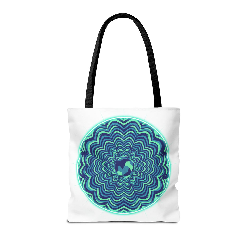 Psychedelic Mandala Tote Bag — Blue Green Optical Art All-Over Print
