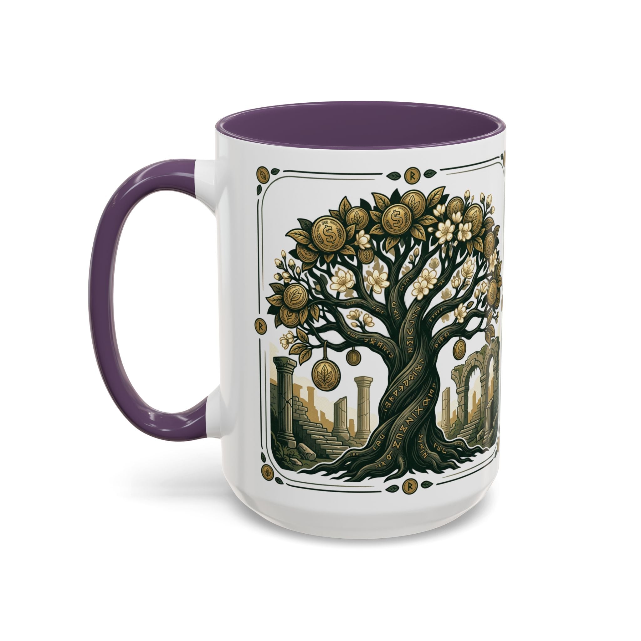 Ornate Tree of Coins Coffee Mug — Gold Ruins Accent Ceramic Mug (11/15oz)