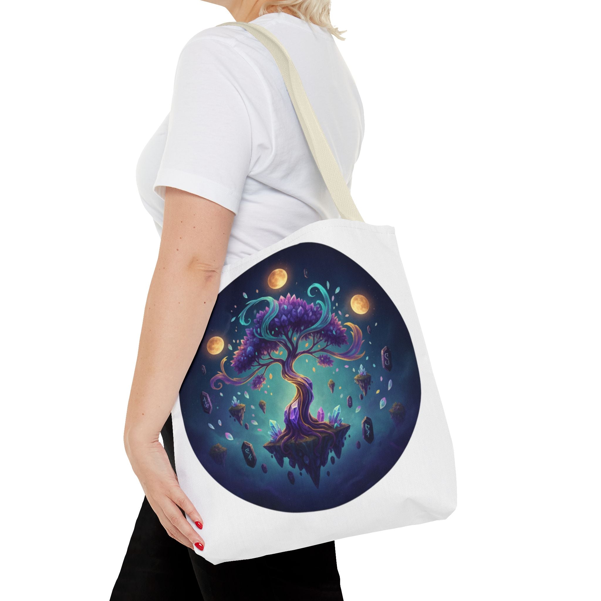Mystic Floating Tree Tote Bag — Cosmic Moonlight Illustration All-Over Print