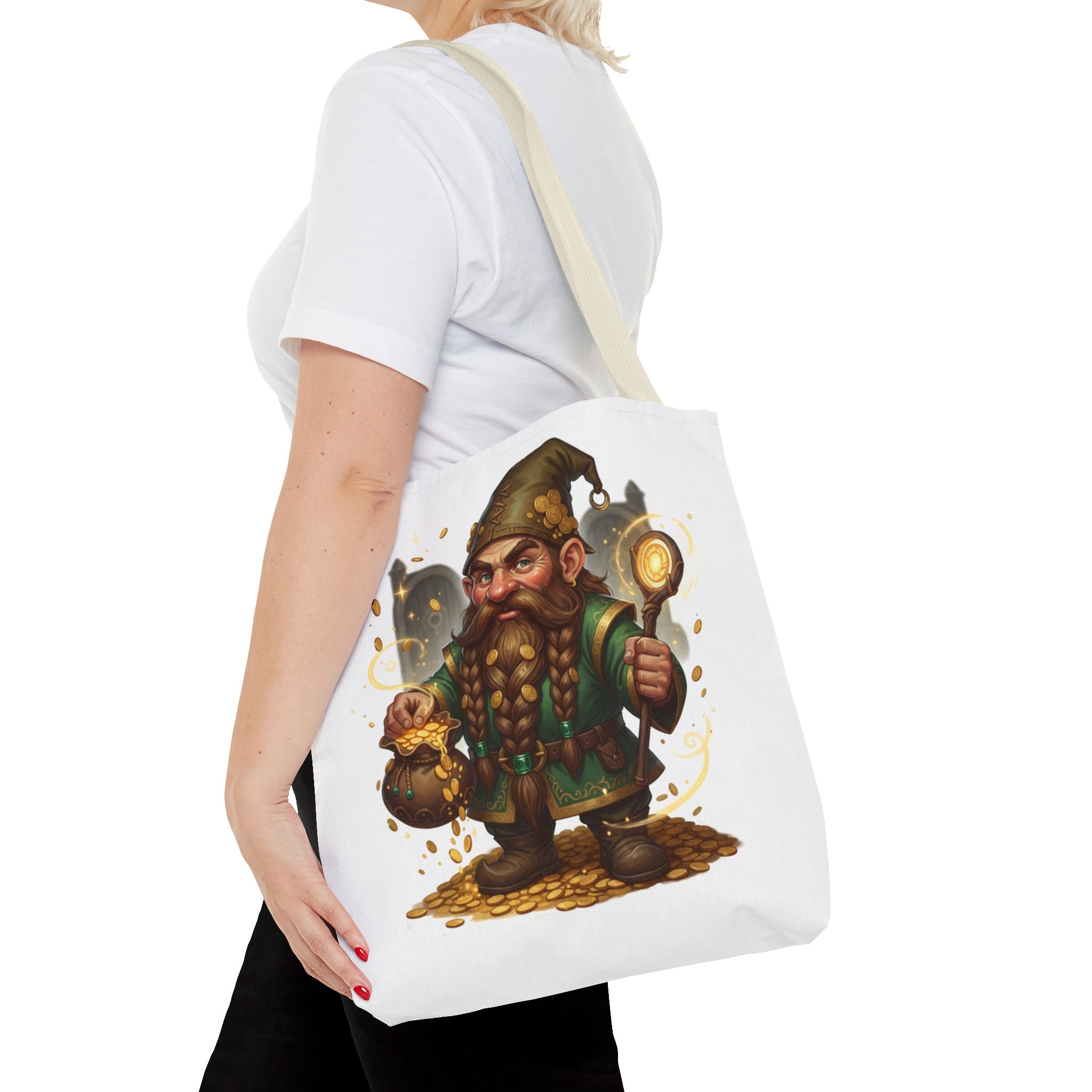 Gnome Goldkeeper Tote Bag – Fantasy Dwarf Coin Lover All-Over Print Tote