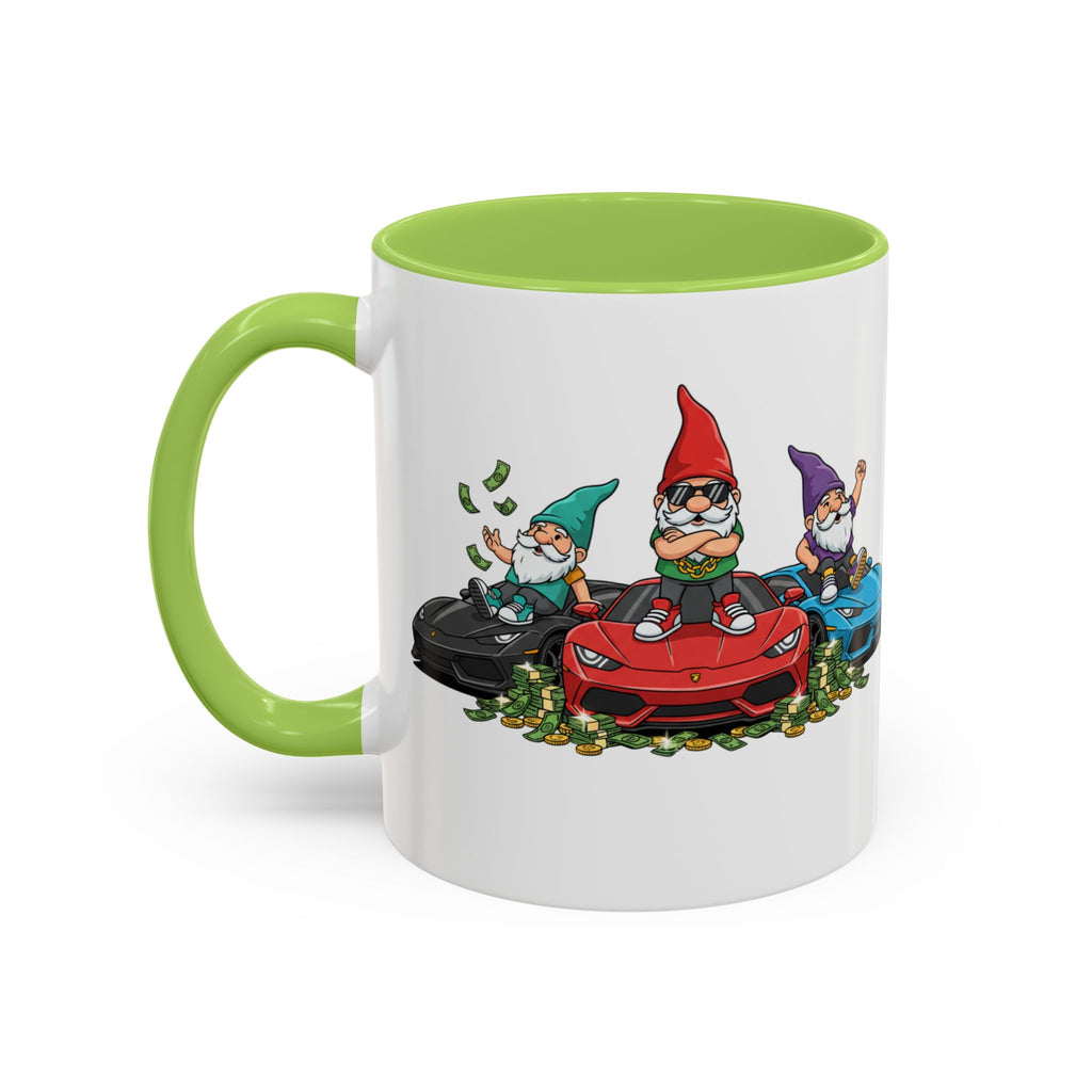 Gnome Car Crew Accent Coffee Mug — Racing Gnomes with Sports Cars (11/15oz)