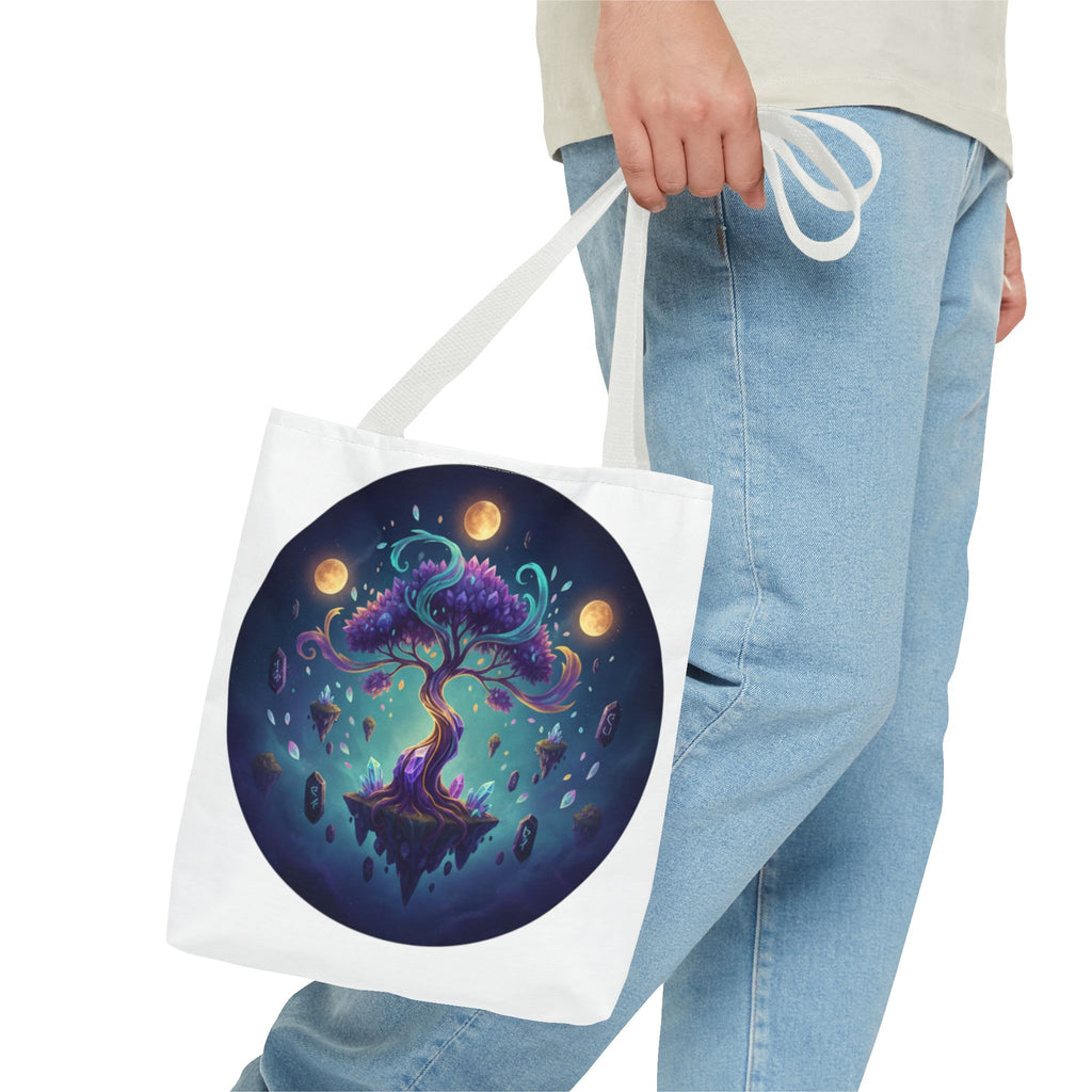 Mystic Floating Tree Tote Bag — Cosmic Moonlight Illustration All-Over Print