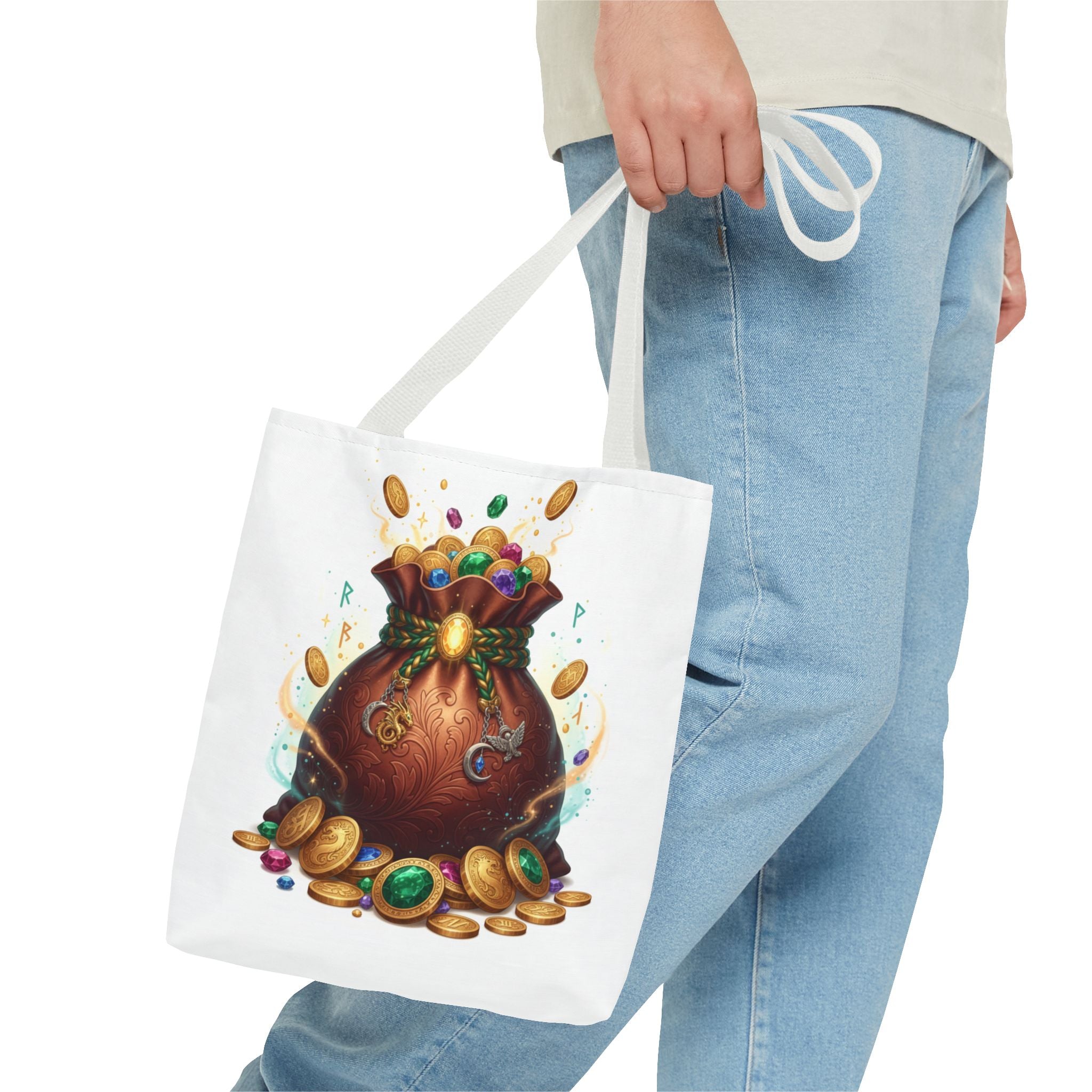 Treasure Pouch Tote Bag — Colorful Gem & Gold Coin All-Over Print Tote
