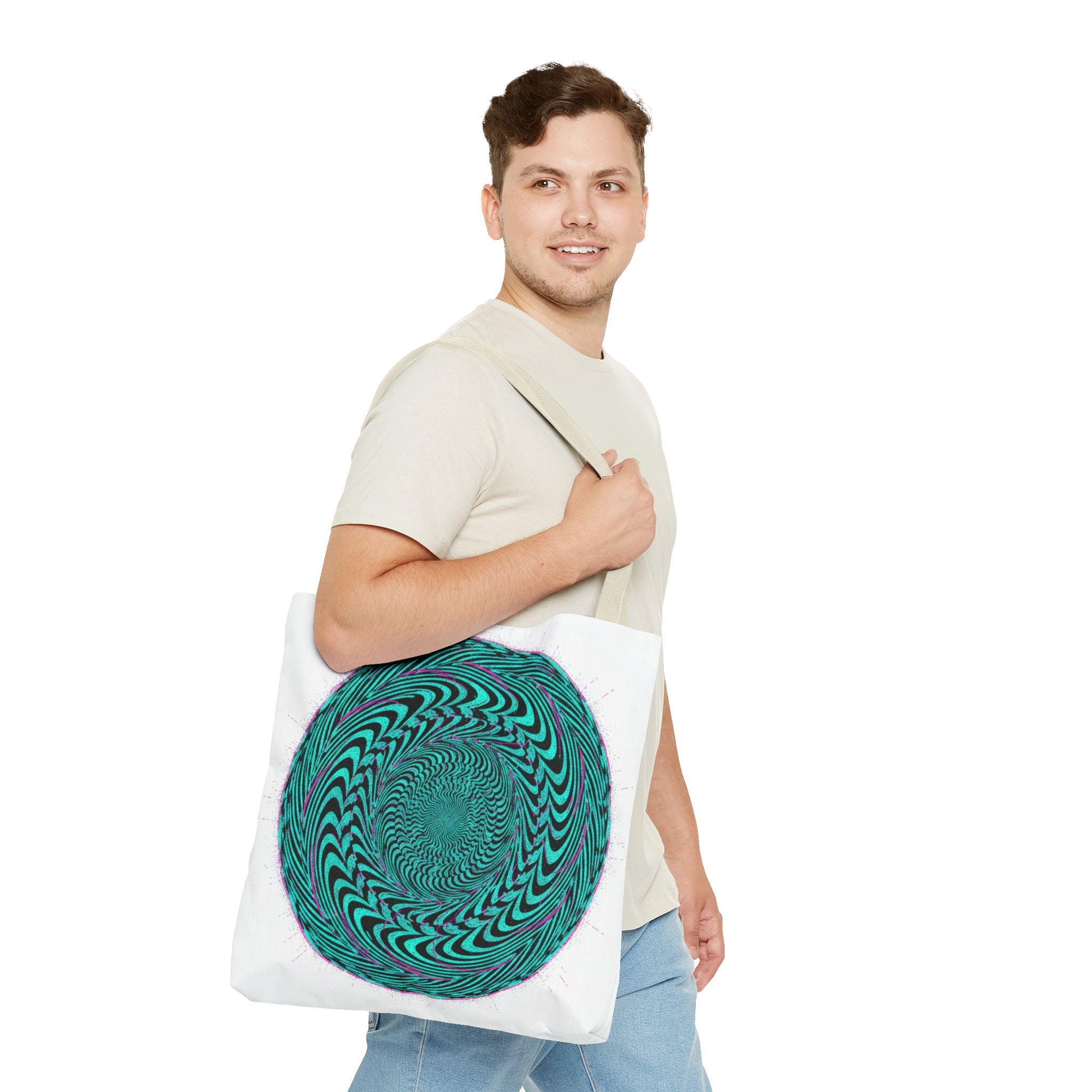 Psychedelic Spiral Tote Bag — Teal Optical Illusion All-Over Print