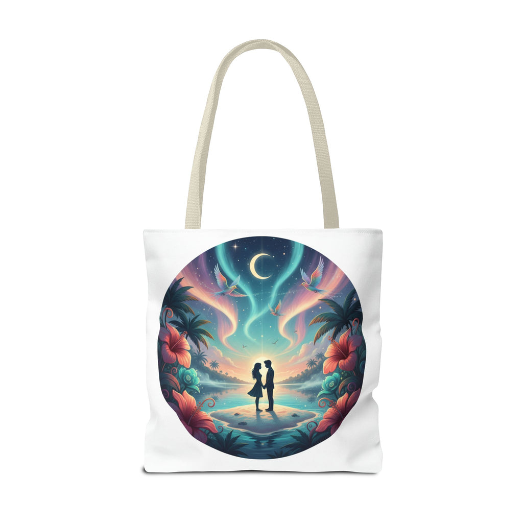 Romantic Moonlit Beach Tote Bag — Couple Silhouette Tropical Night Print