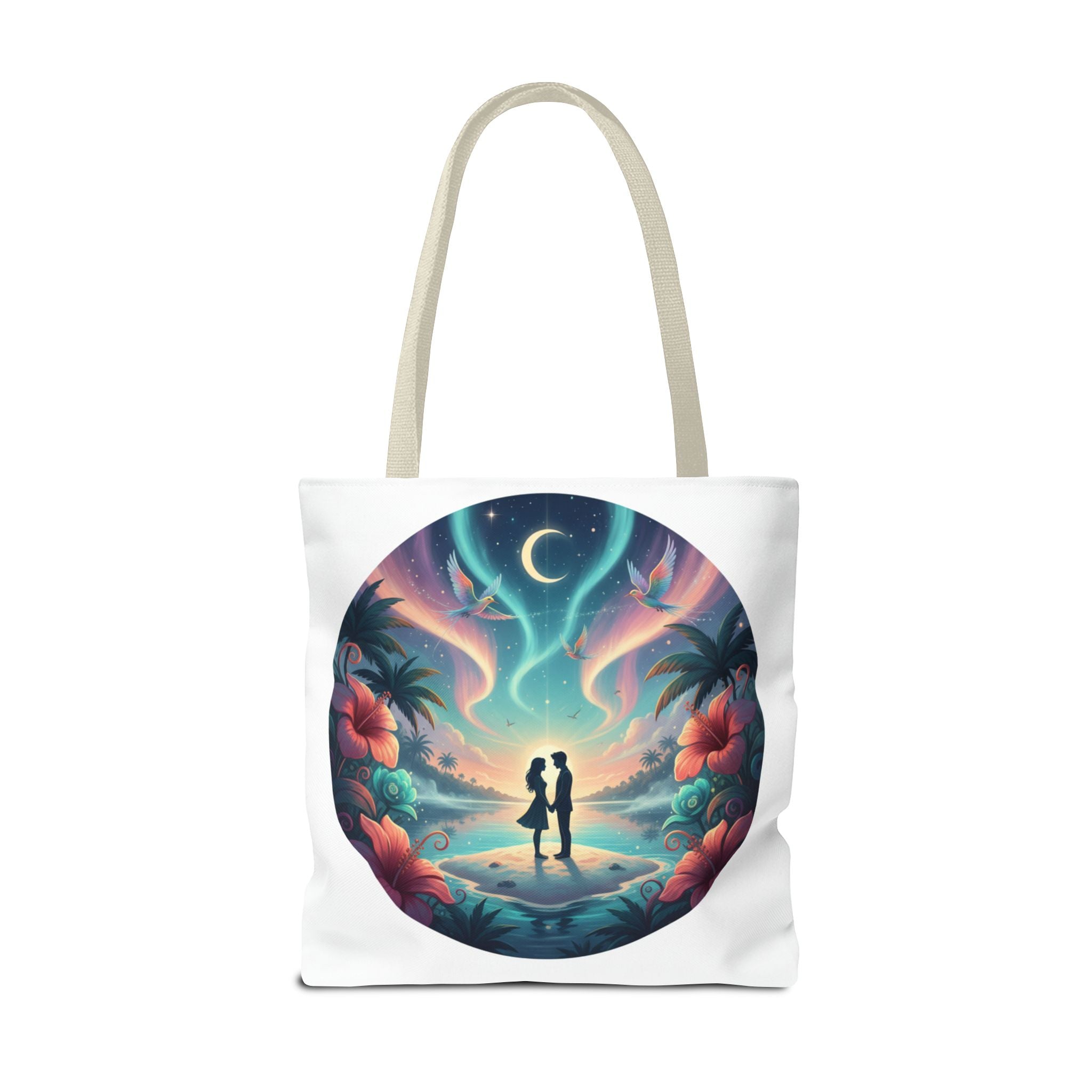 Romantic Moonlit Beach Tote Bag — Couple Silhouette Tropical Night Print