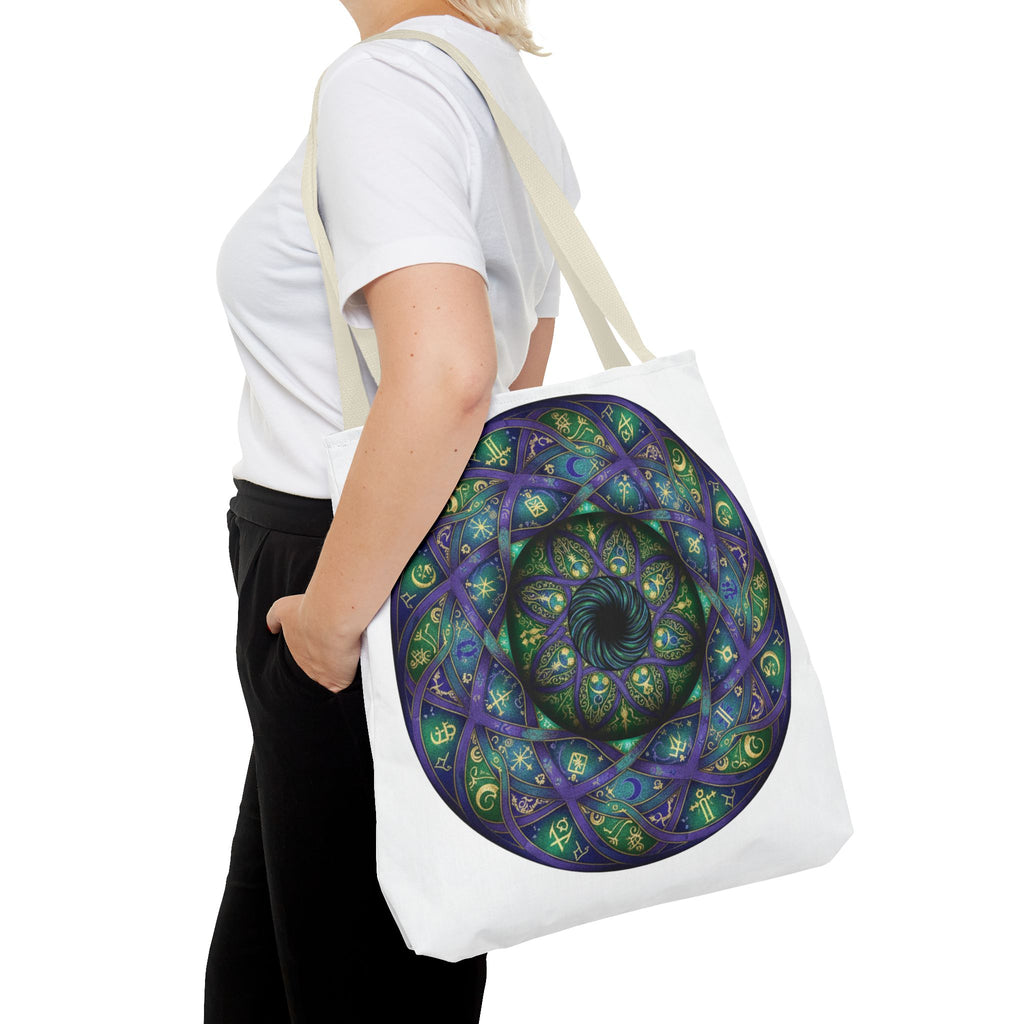 Mystic Mandala Tote Bag — Purple Green Spiral All-Over Print