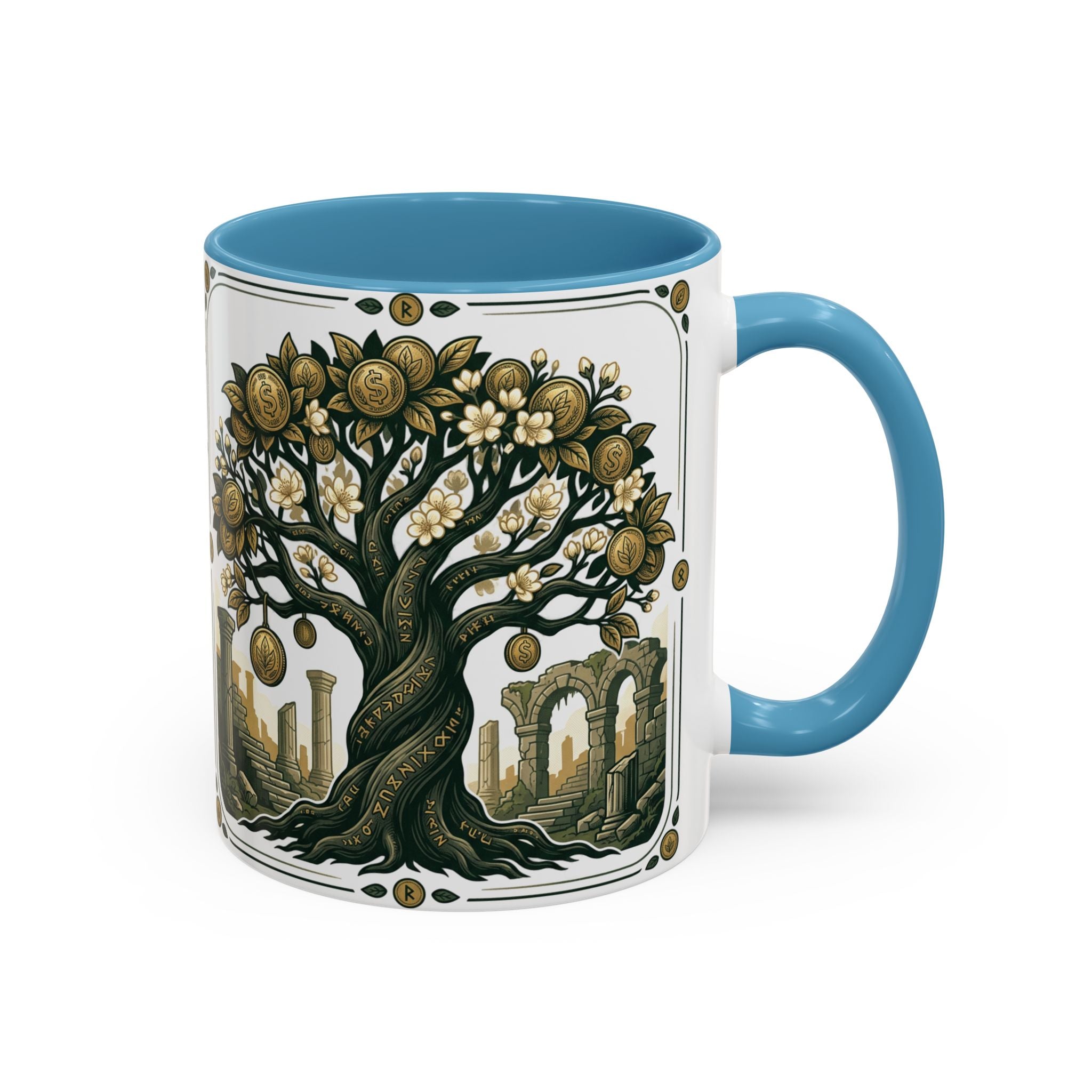 Ornate Tree of Coins Coffee Mug — Gold Ruins Accent Ceramic Mug (11/15oz)