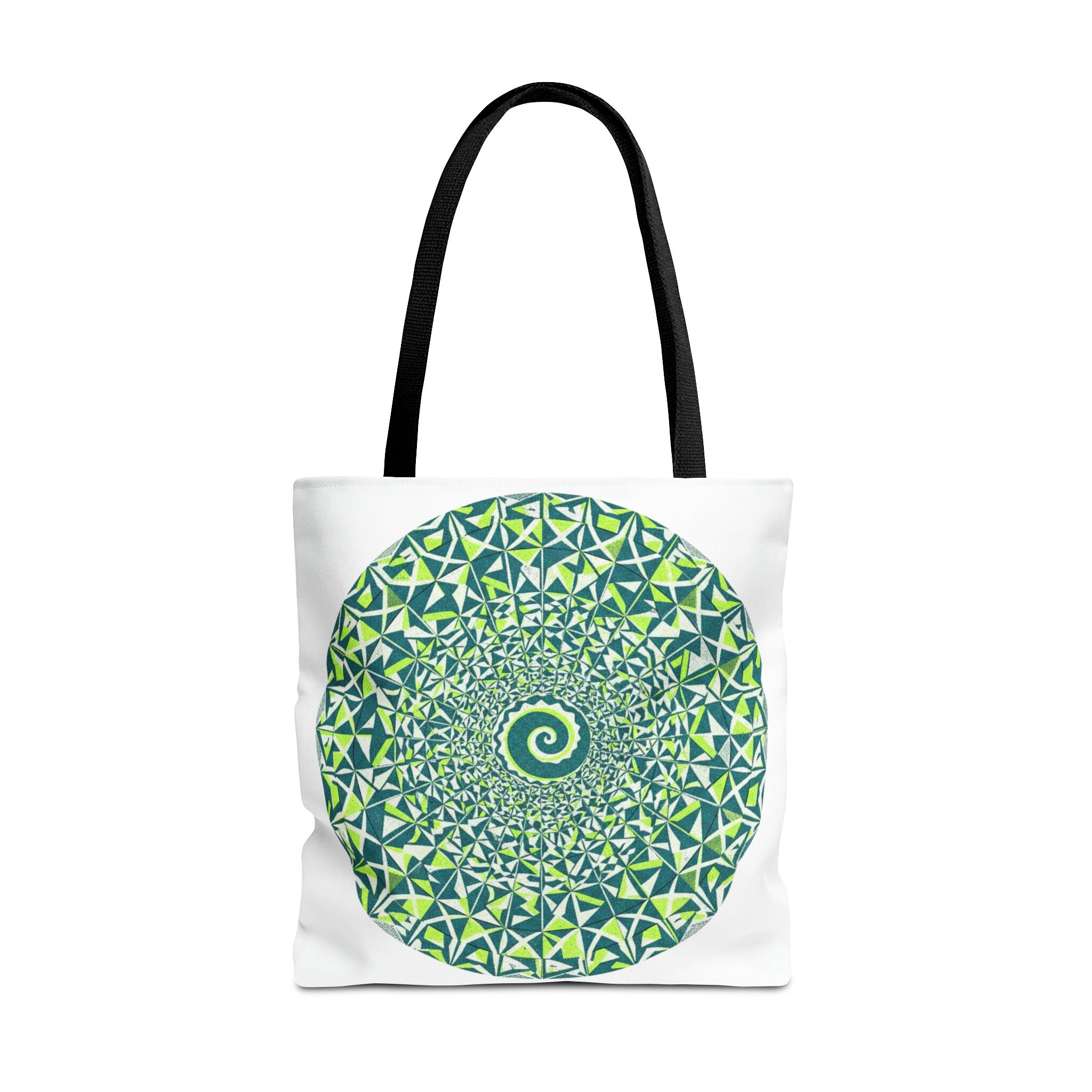 Spiral Mandala Tote Bag — Green Geometric All-Over Print Tote