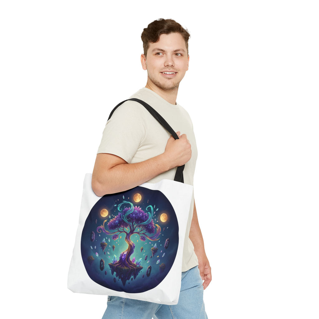 Mystic Floating Tree Tote Bag — Cosmic Moonlight Illustration All-Over Print