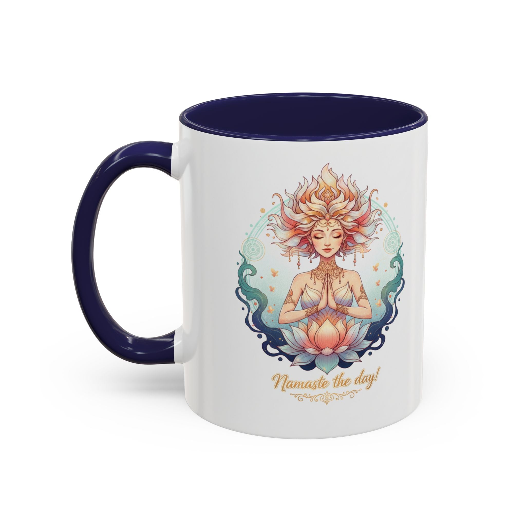 Namaste the Day Yoga Coffee Mug — Lotus Meditation Accent Mug (11/15oz)