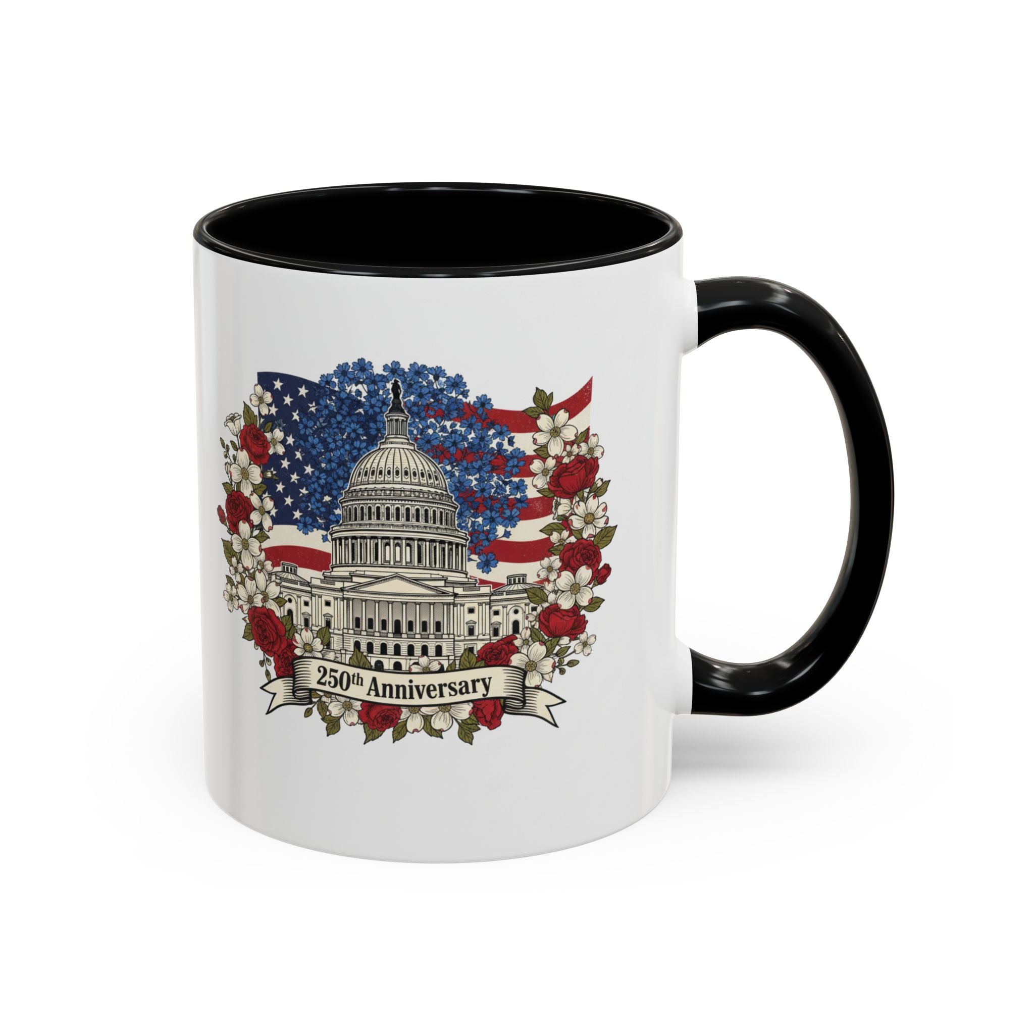 Capitol 250th Anniversary Accent Coffee Mug – Patriotic American Flag Floral Design (11/15oz)