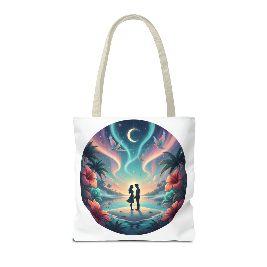 Romantic Moonlit Beach Tote Bag — Couple Silhouette Tropical Night Print